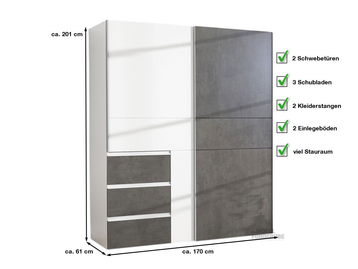 Schwebetürenschrank weiß - grau 170 cm 2-türig - WINN