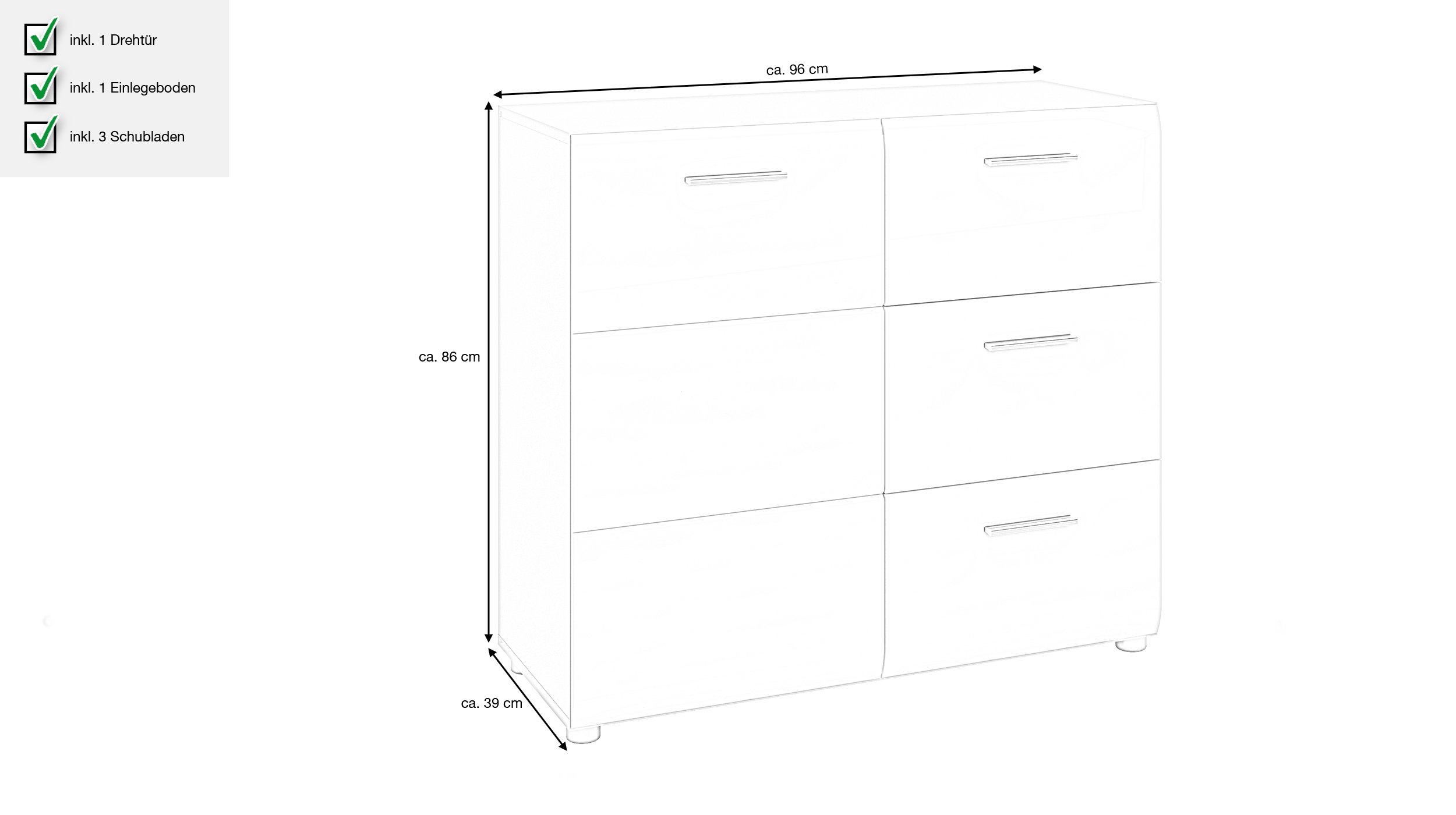 Kommode weiß hochglanz 96 cm 1-türig - MERANO