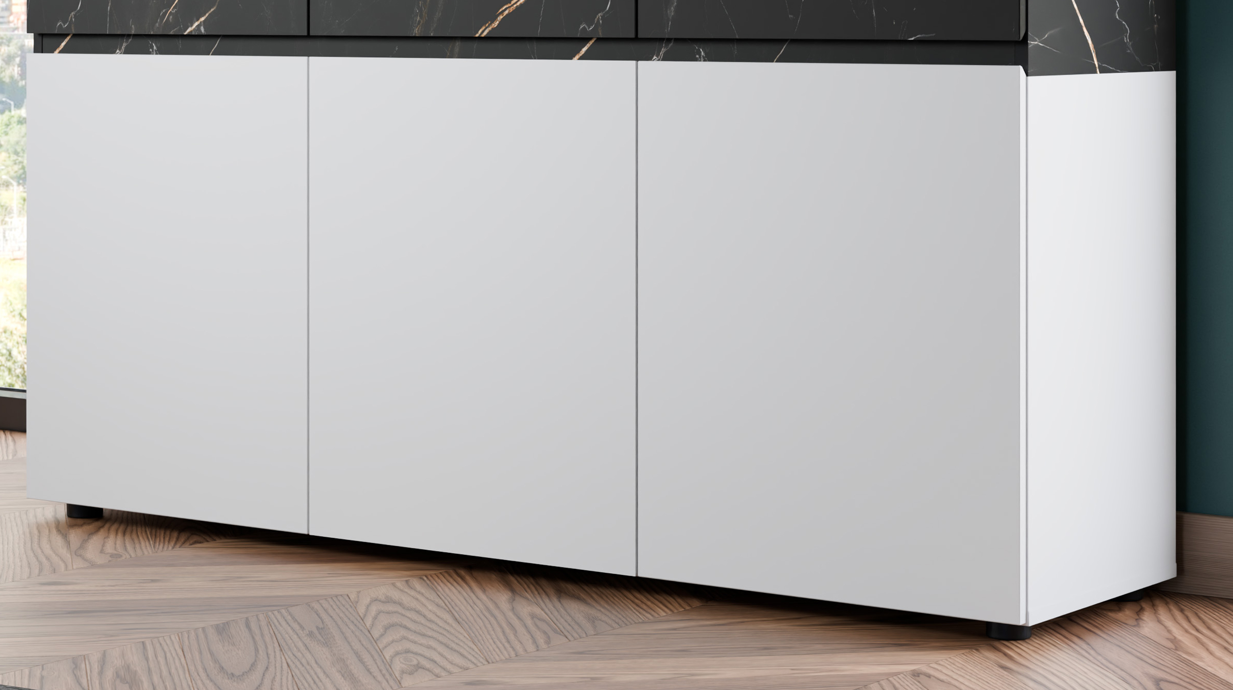 Sideboard mit 3 Schubladen alpinweiß - Marmoroptik 150 cm - MODATO