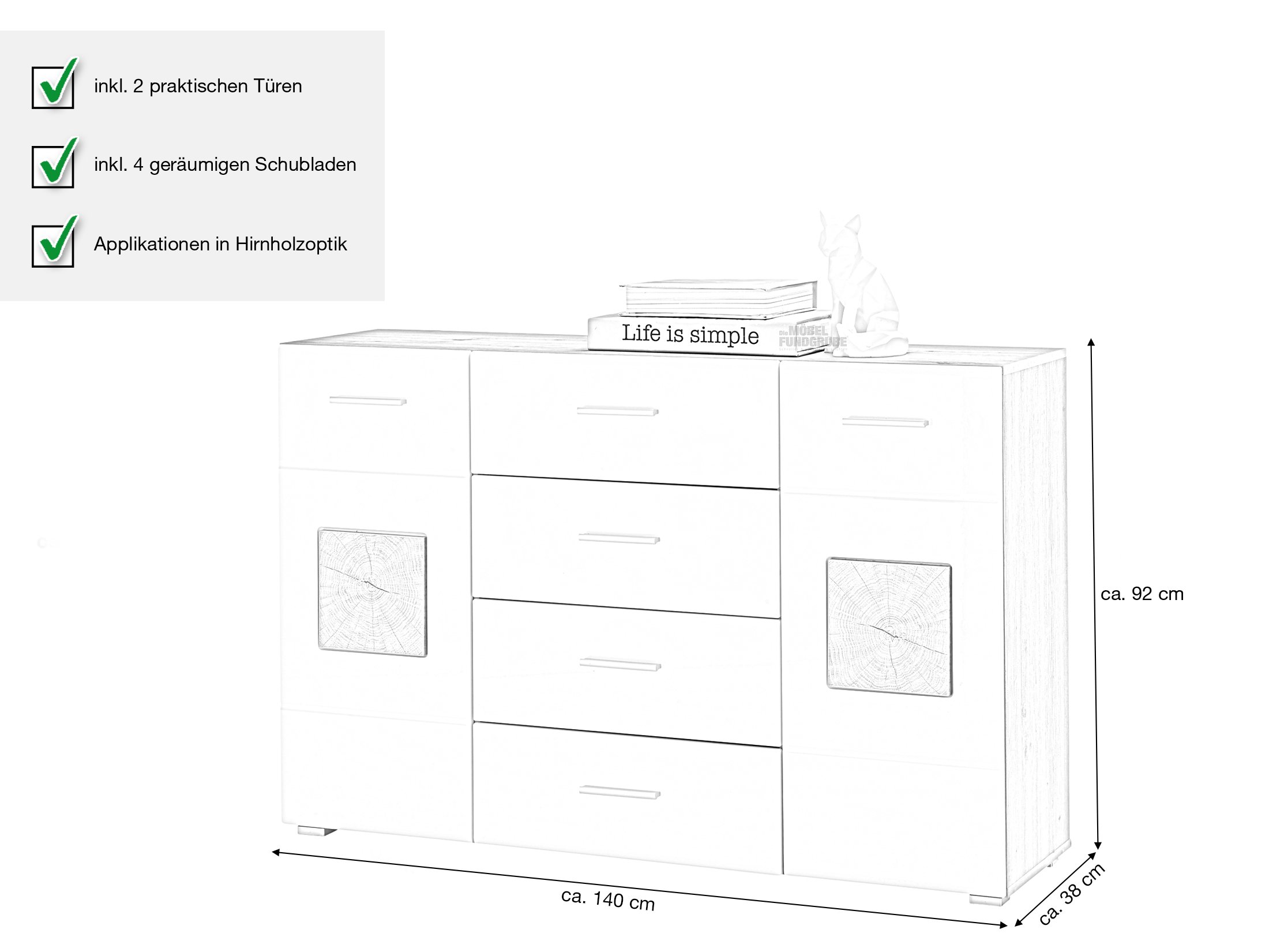 Sideboard weiß hochglanz 140 cm - 2-türig - GEORGIA