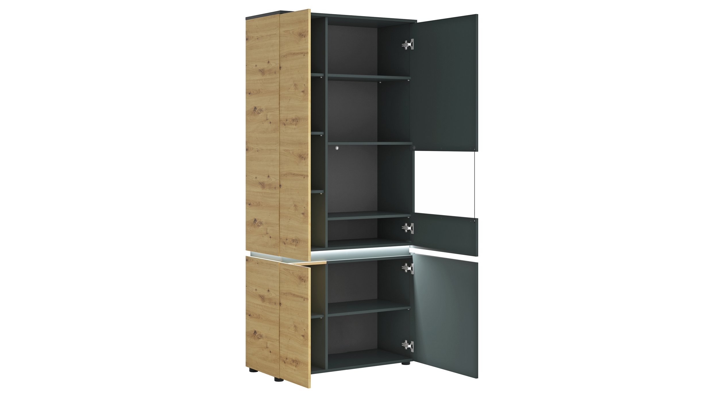 Vitrine Artisan Eiche - grau 199 cm mit Beleuchtung - LUCI