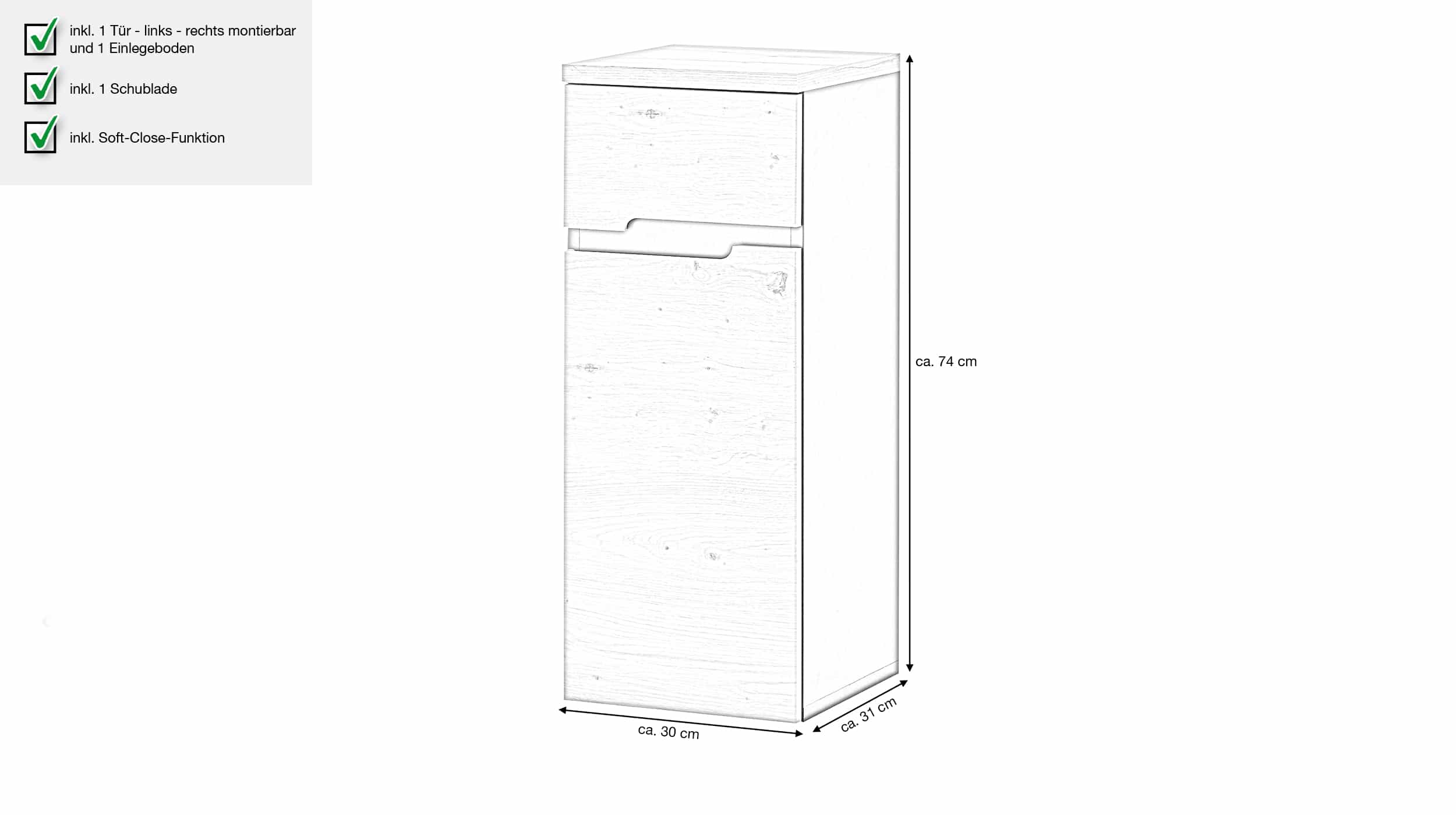 Bad Unterschrank Artisan Eiche - grau 30 cm - MEMPHIS