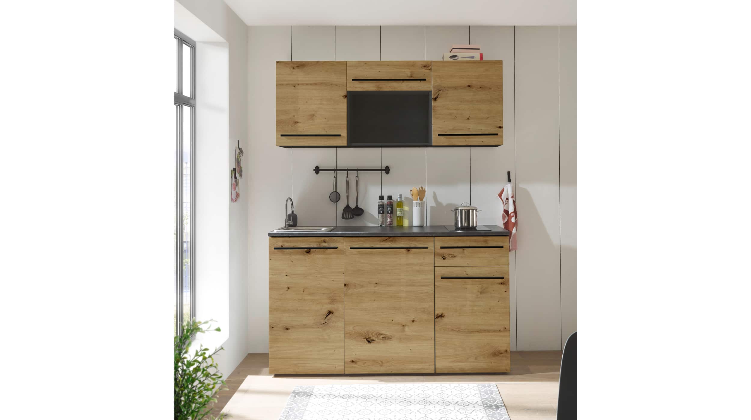Miniküche - inkl. Elektrogeräte - 160 cm - Artisan Eiche - anthrazit - JAZZ Pantry Küche - Miniküche - 160 cm - Eiche - Metallic braun - JAZZ