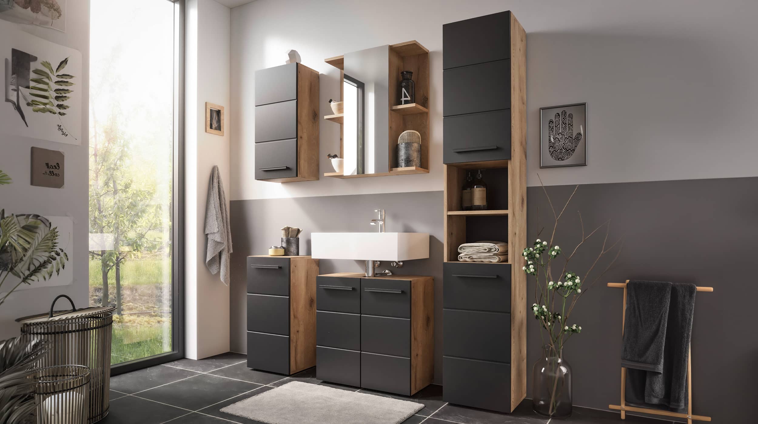 Bad Hochschrank schwarz - Viking Oak 190 cm - VISTA