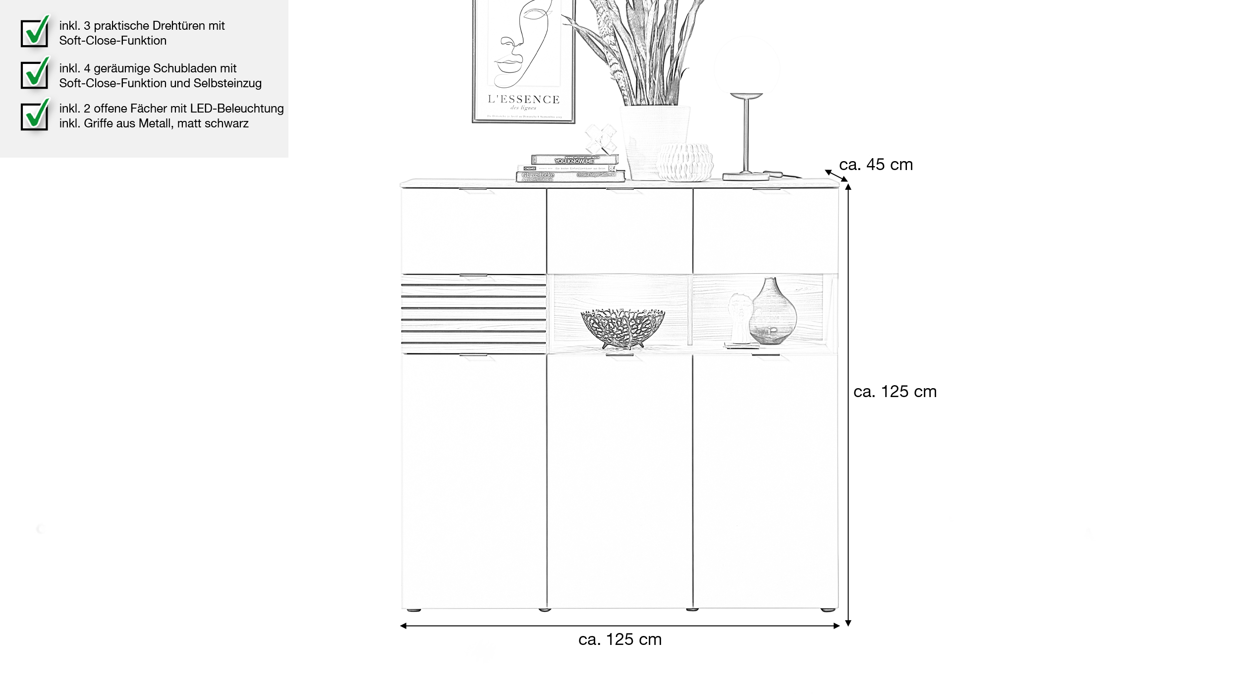 Highboard mit Beleuchtung beige - Riva Eiche 125 cm - INA