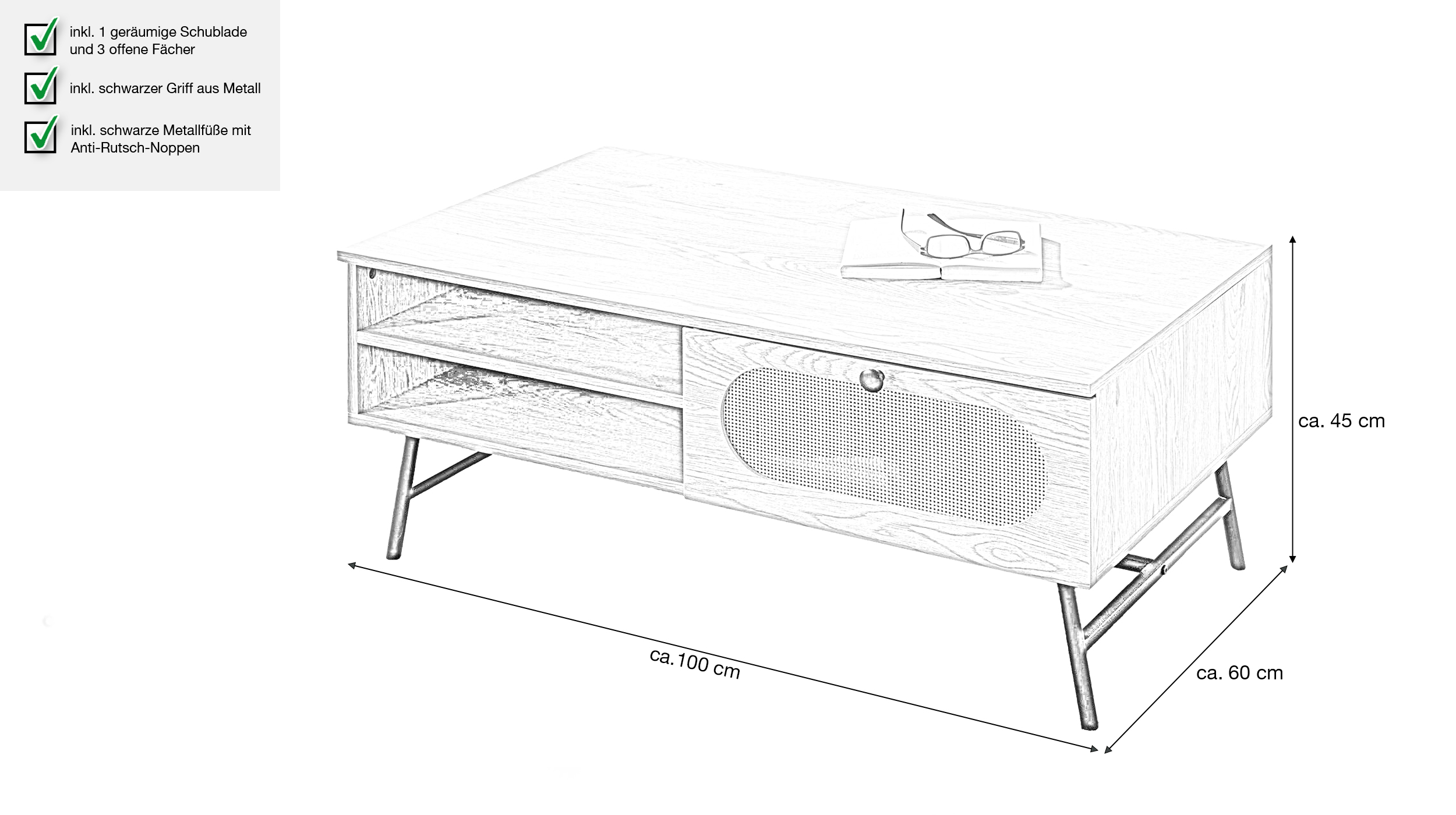 Couchtisch mit Schublade Eiche Holzdekor - Rattan 100 x 60 cm - RATVAN