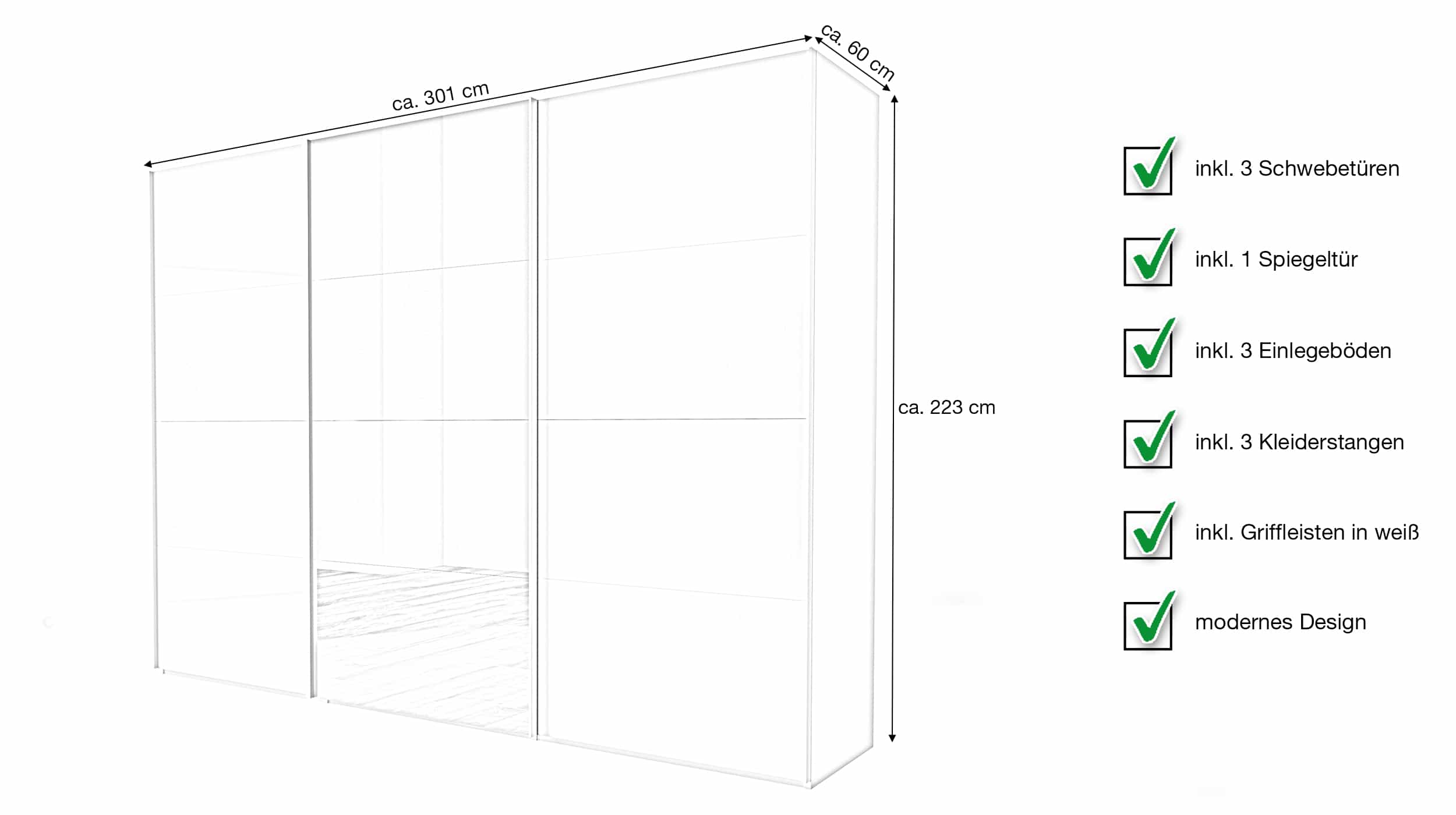 Schwebetürenschrank mit Spiegel weiß hochglanz - 301 cm - SYSTEMA