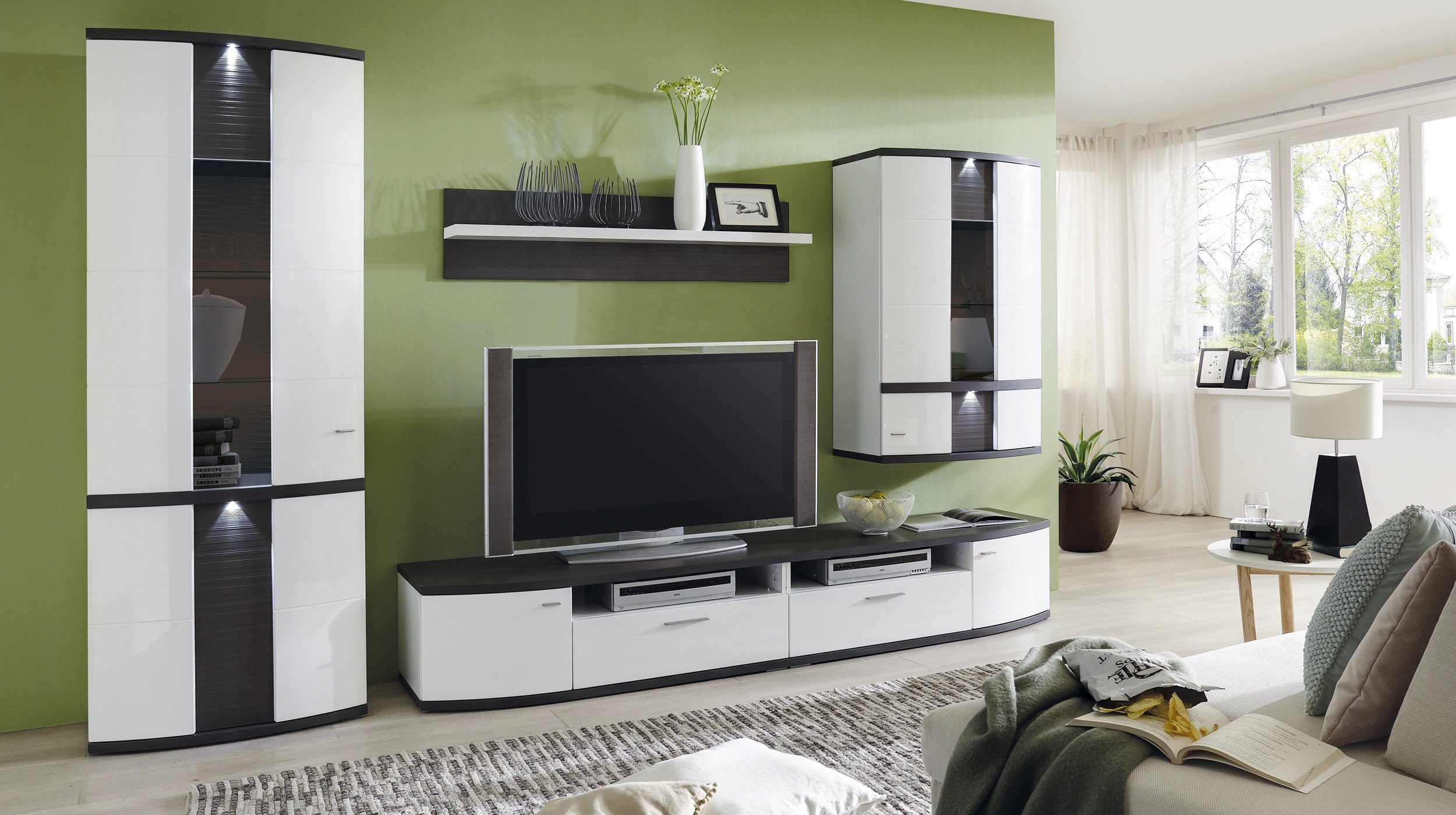 Wohnwand weiß hochglanz - 327 cm - Beleuchtung - CABANA