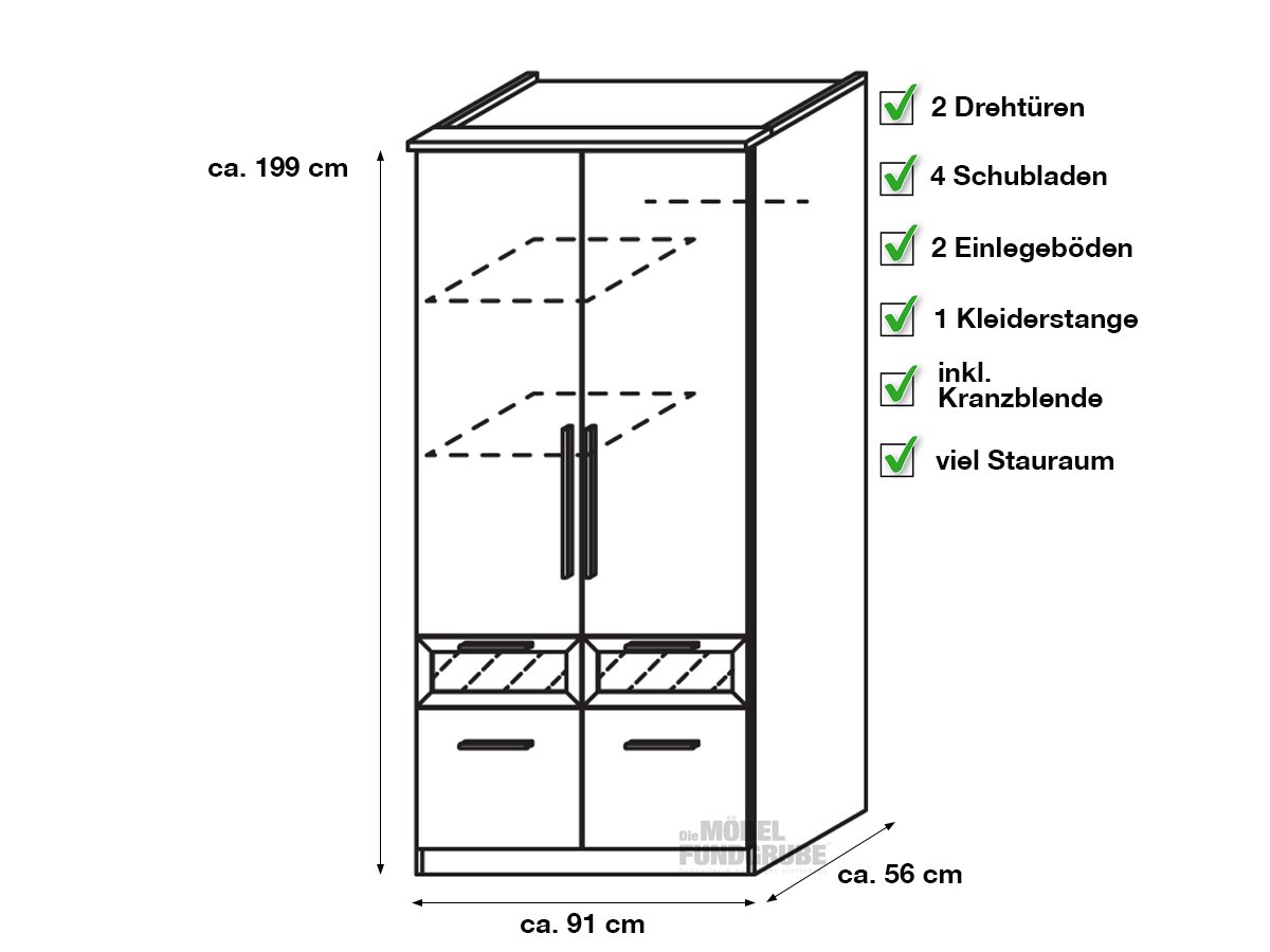 Kleiderschrank Sonoma Eiche 91 cm 2-türig - BOCHUM