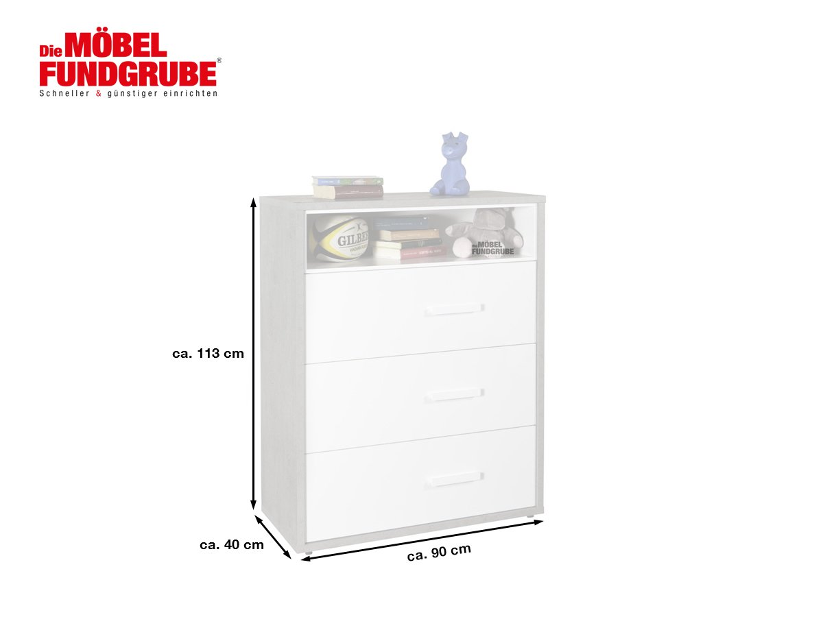 Kommode weiß hochglanz - Betonoptik mit 3 Schubladen 90 cm - MIPIACE