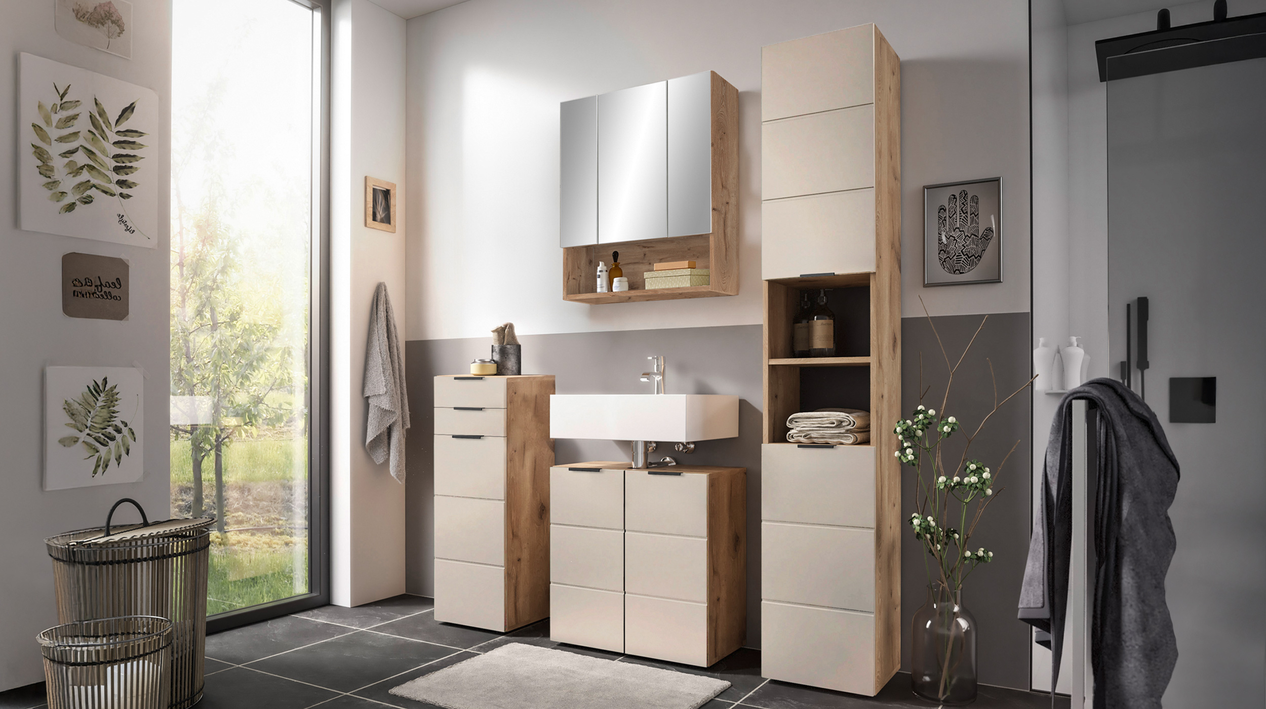 Bad Unterschrank Viking Eiche - beige 34 cm - 1 Tür - KRETA
