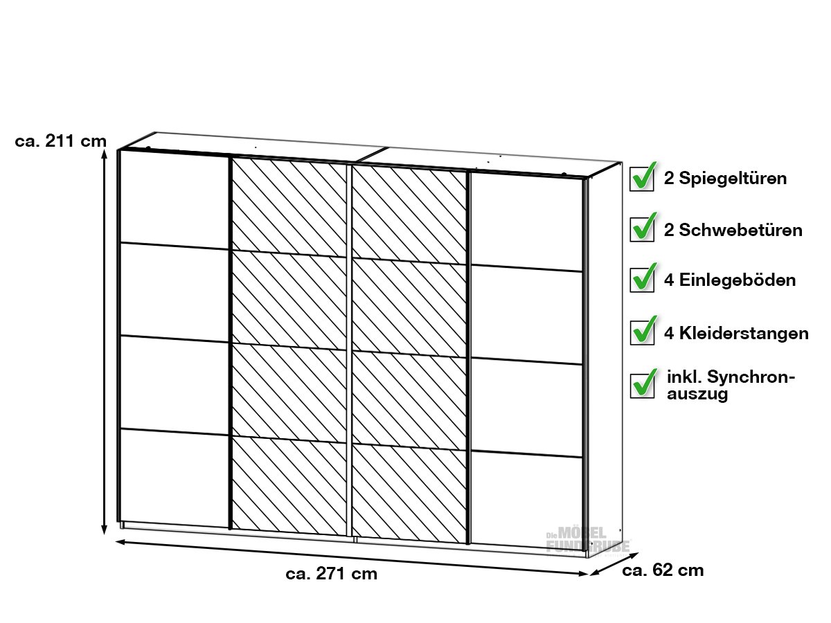 Schwebetürenschrank weiß mit Spiegel 271 cm - SYNCRONO-A