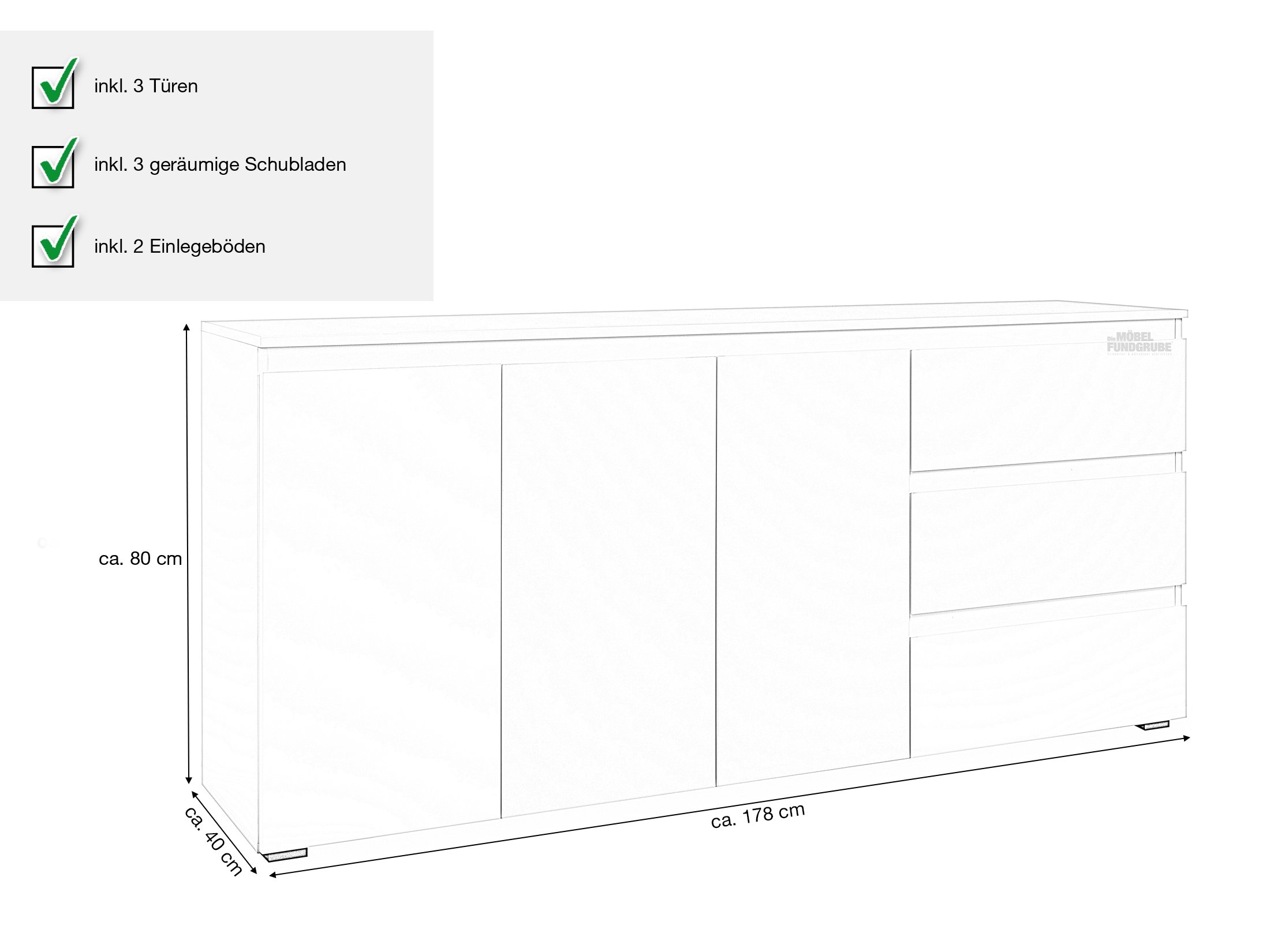 Sideboard mit 3 Schubladen - weiß matt 178 cm - IMAGE