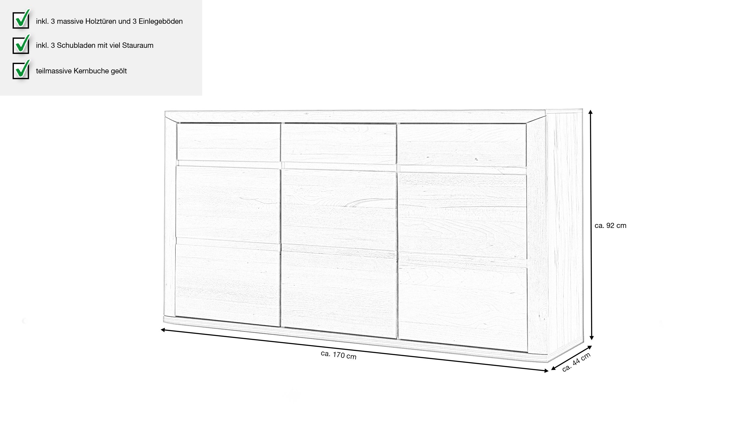 Sideboard - Kernbuche teilmassiv - 170 cm - KORSIKA