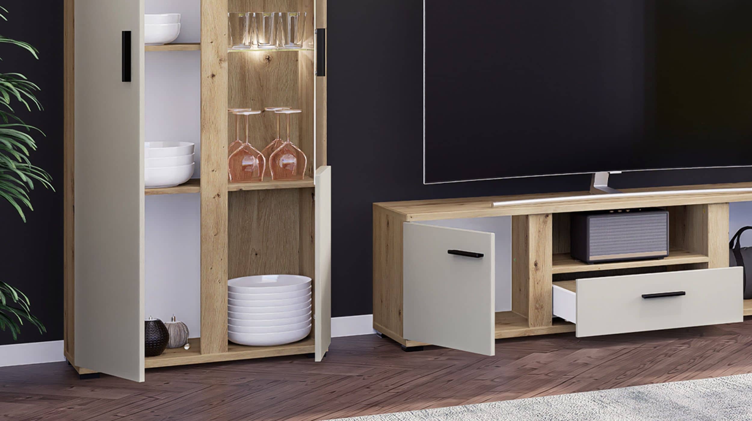 Wohnwand beige - Artisan Eiche 340 cm LED-Beleuchtung - KANADA