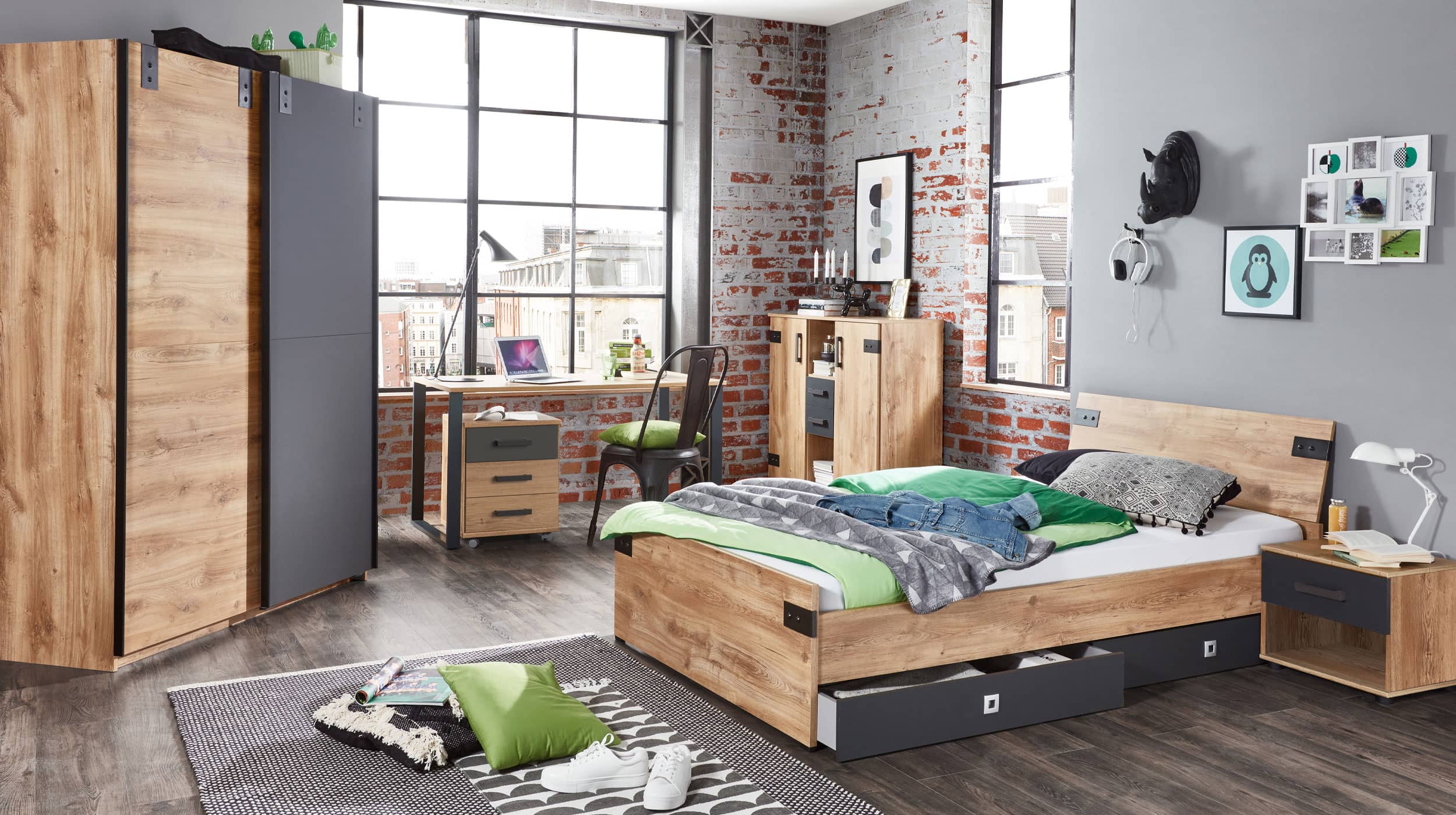 Rollcontainer Eiche - graphit 46 x 58 cm 3 Schubladen - LIVERPOOL