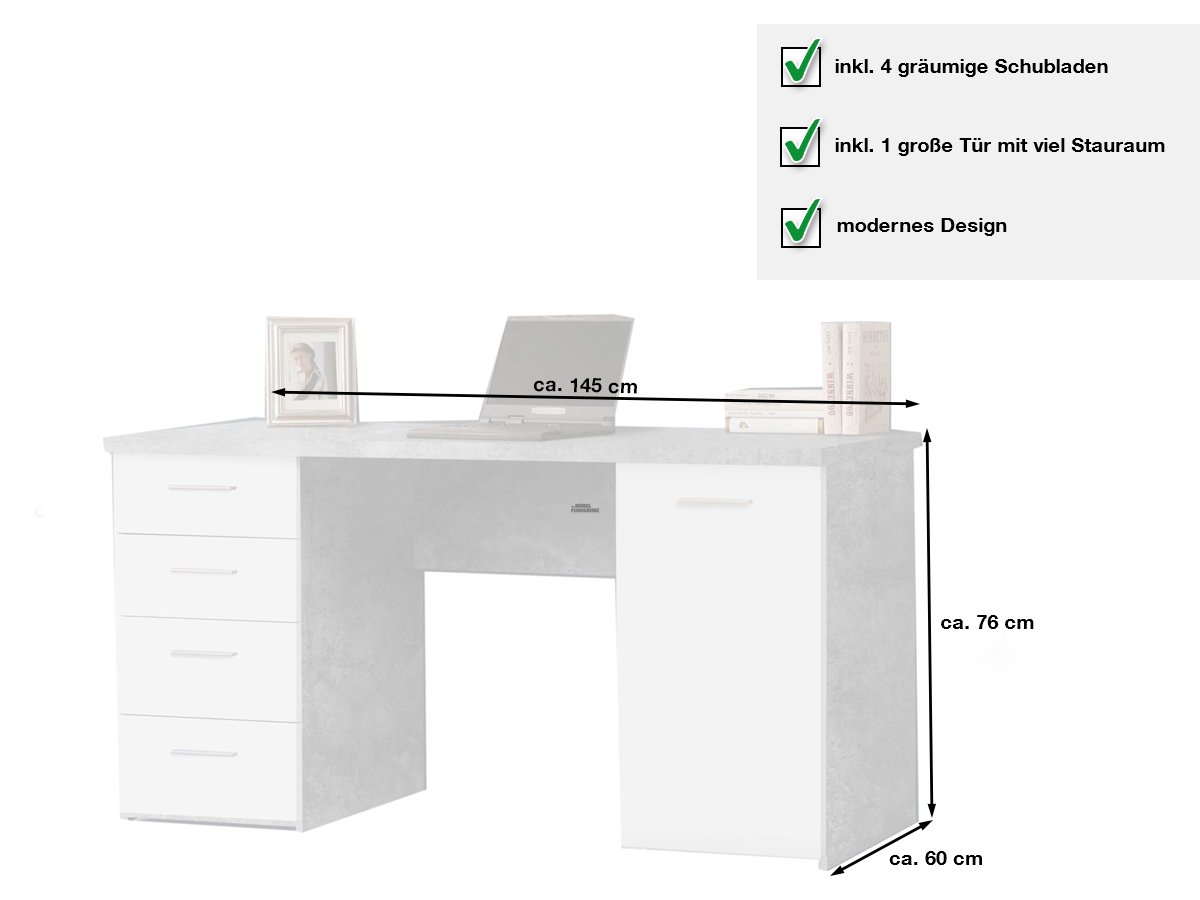 Computerschreibtisch Betonoptik-weiß 145 cm - NET