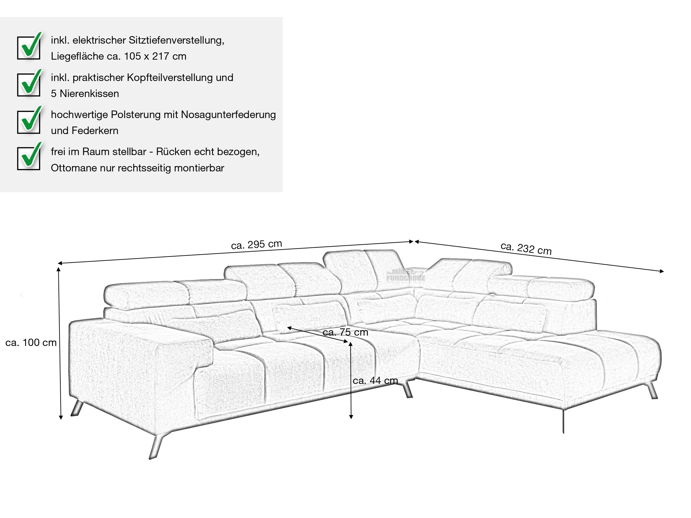 Ecksofa Sitztiefenverstellung anthrazit 295 x 232 cm - INSIDE  