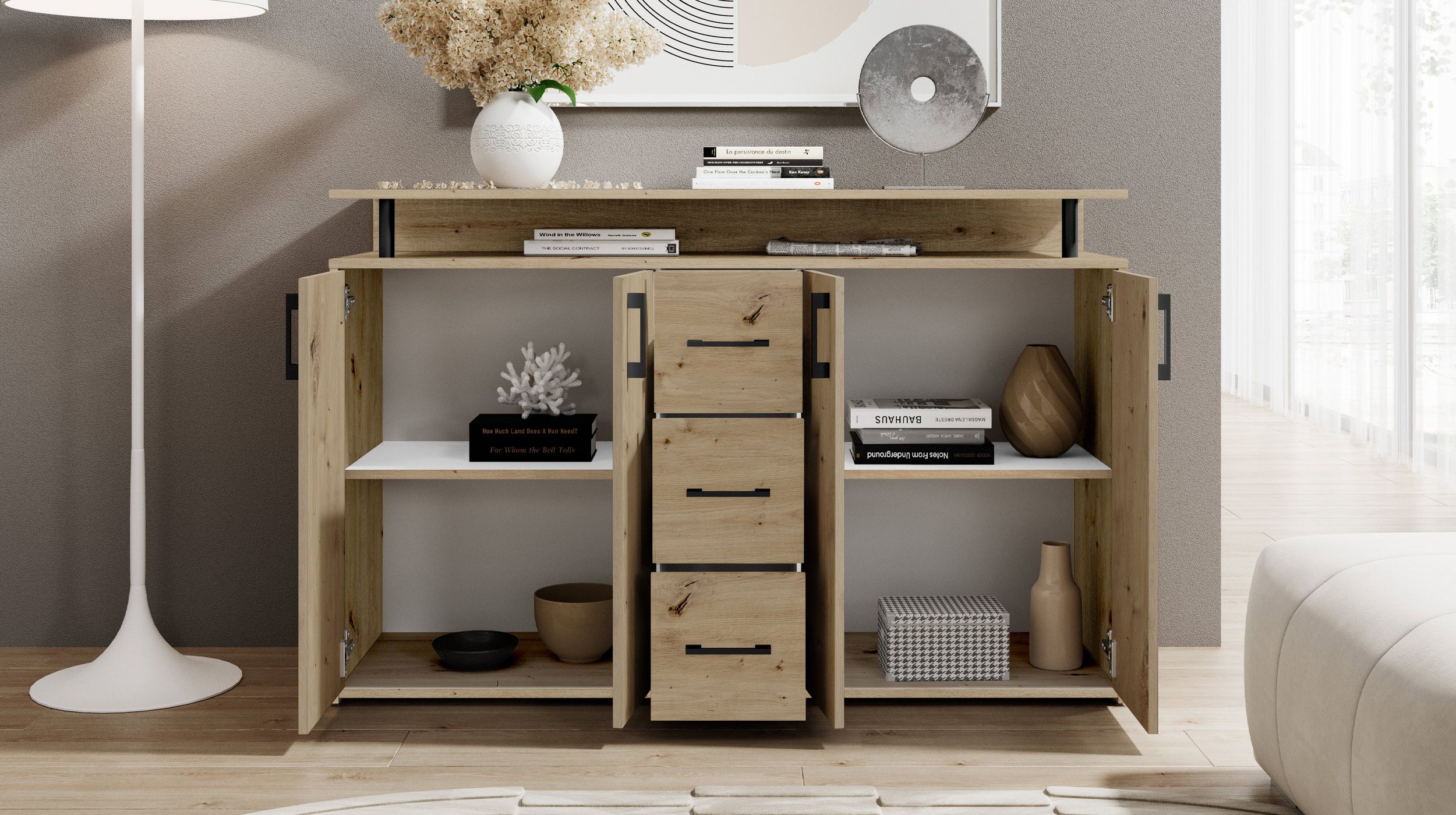 Highboard 4 Türen 3 Schubladen Artisan Eiche 139 cm - DRIFT