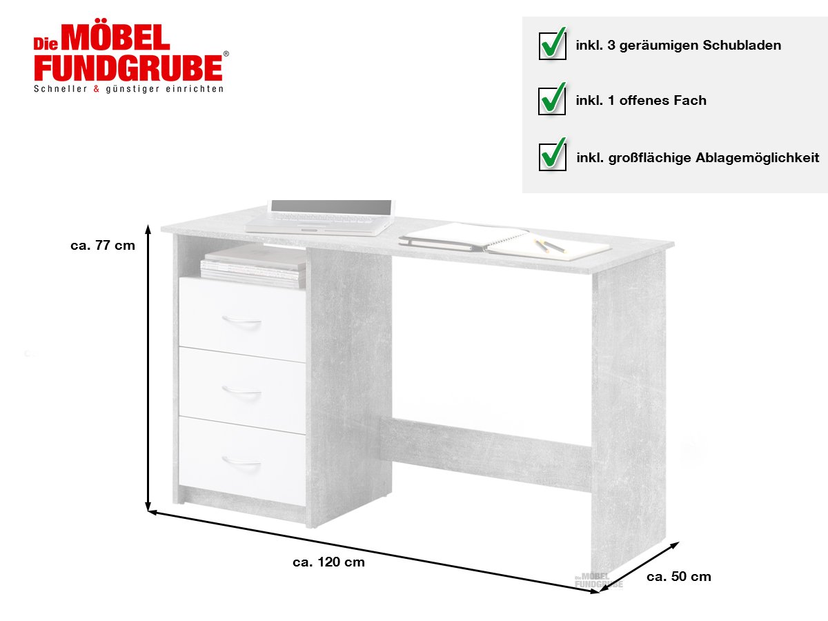 Computerschreibtisch Betonoptik - weiß 120 cm - ADRIA
