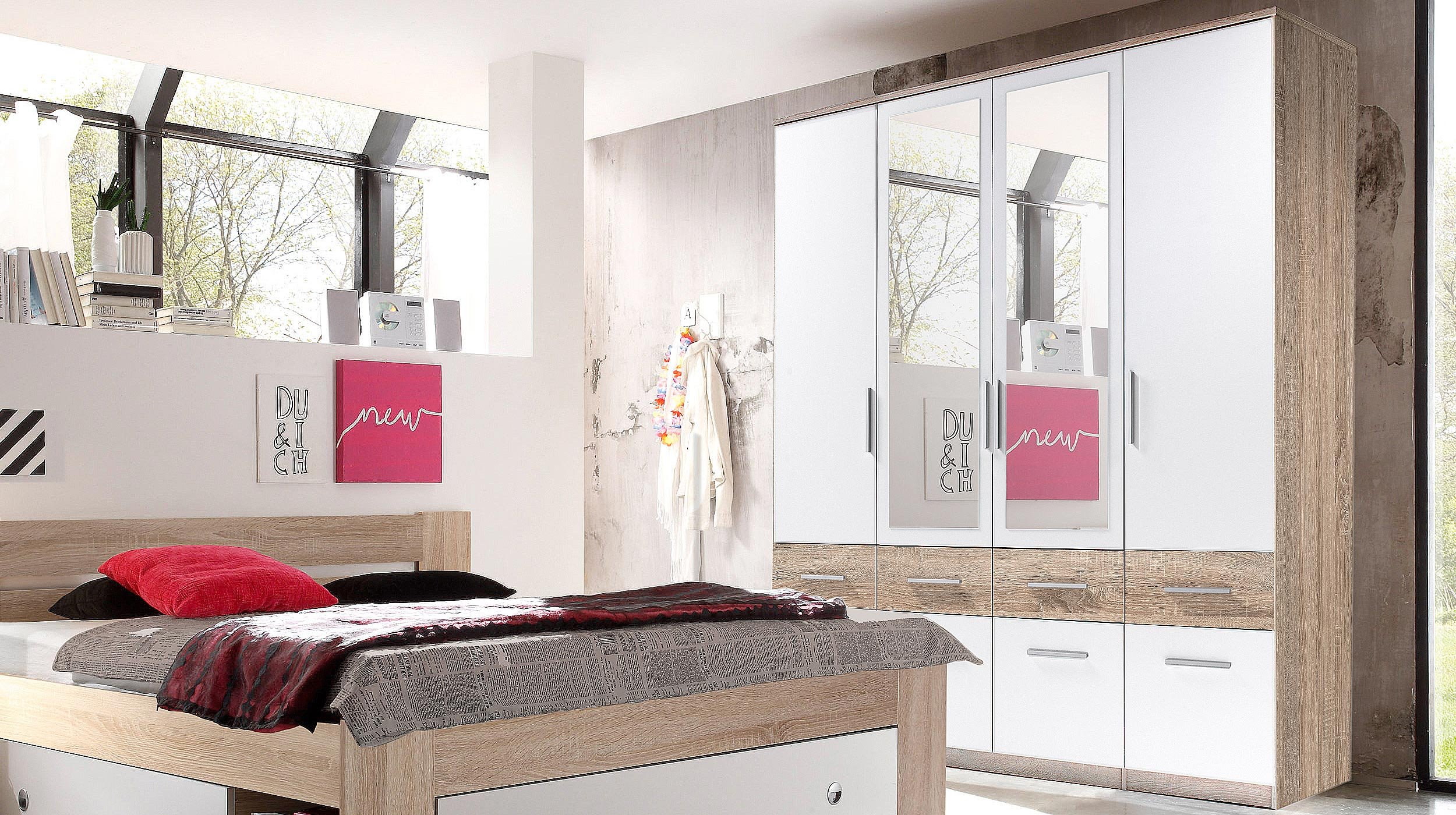 Kleiderschrank mit Spiegel - Sonoma Eiche - weiß - 180 cm - BOX
