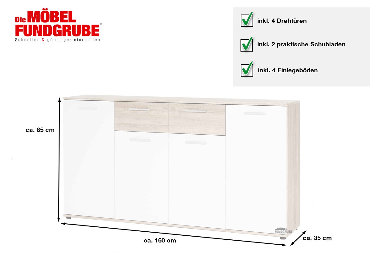 Kommode Sonoma Eiche - weiß 160 cm - JACKY