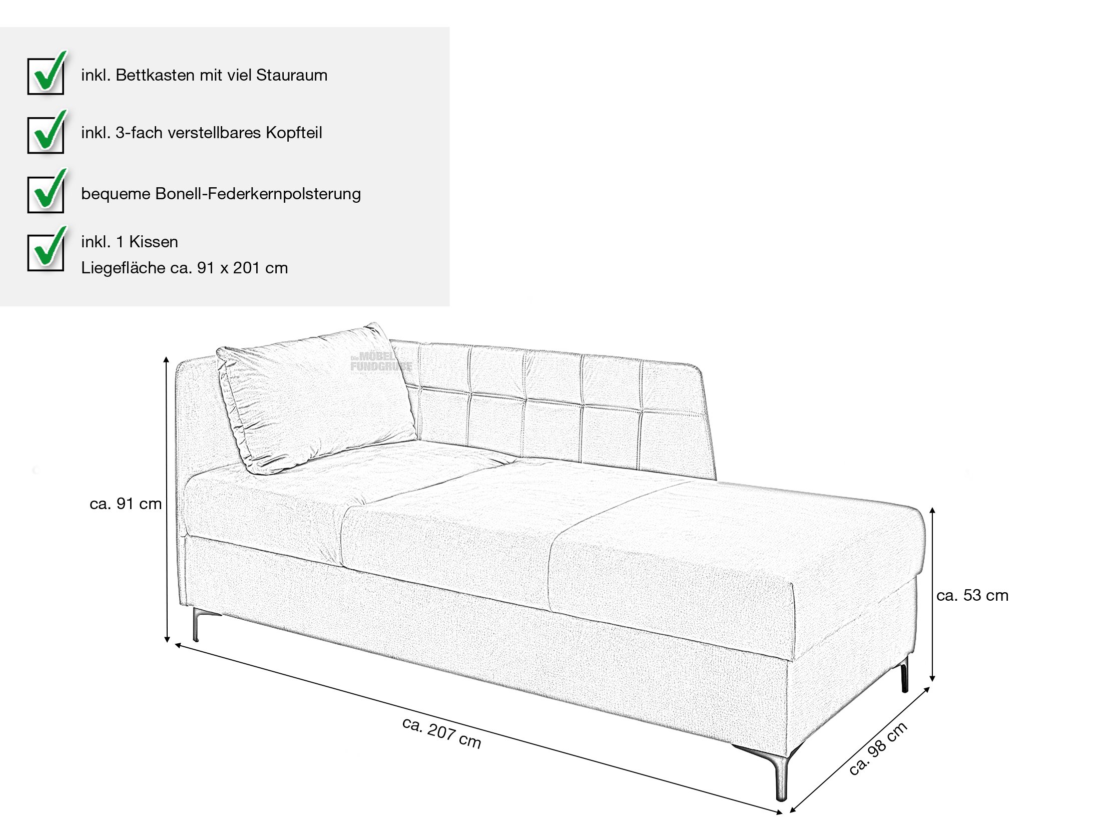 Einzelsofa 207 cm Recamiere Sofa grau - MARIE