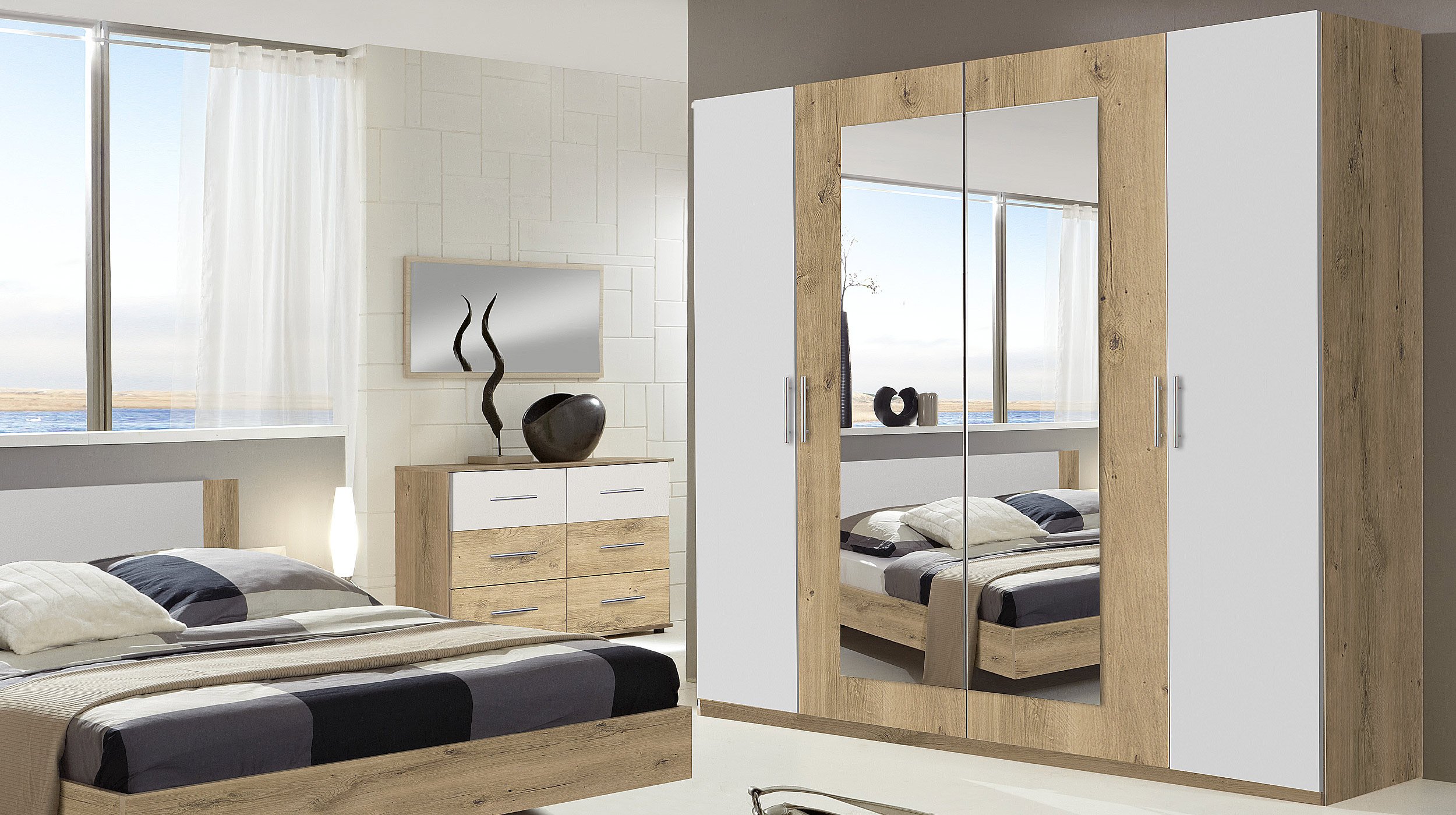 Kleiderschrank 225 cm Plankeneiche - weiß - NORA