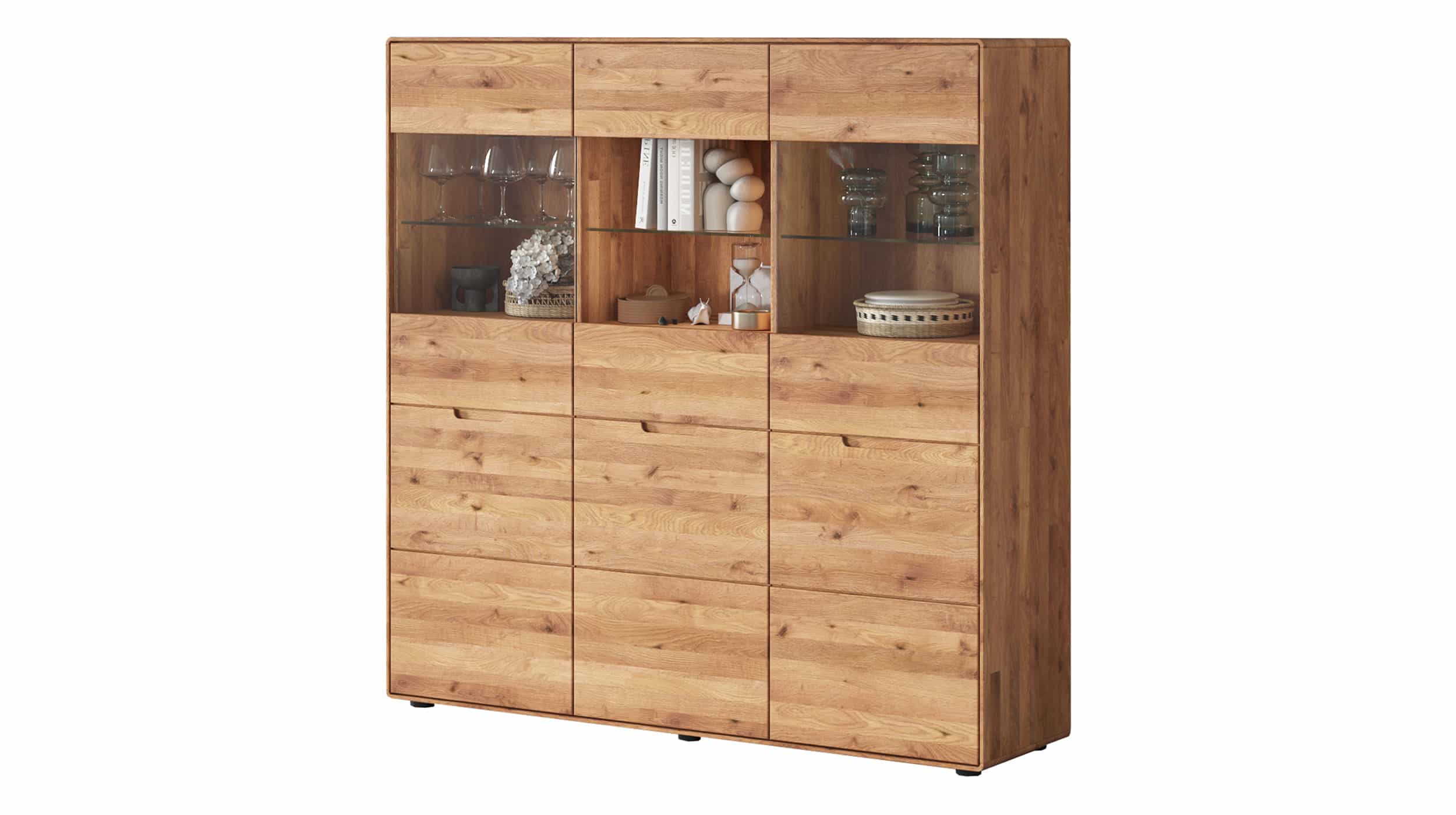 Highboard mit Glastüren Wildeiche massiv 149 cm - LUCAS Highboard mit Glastüren Wildeiche massiv 149 cm - LUCAS