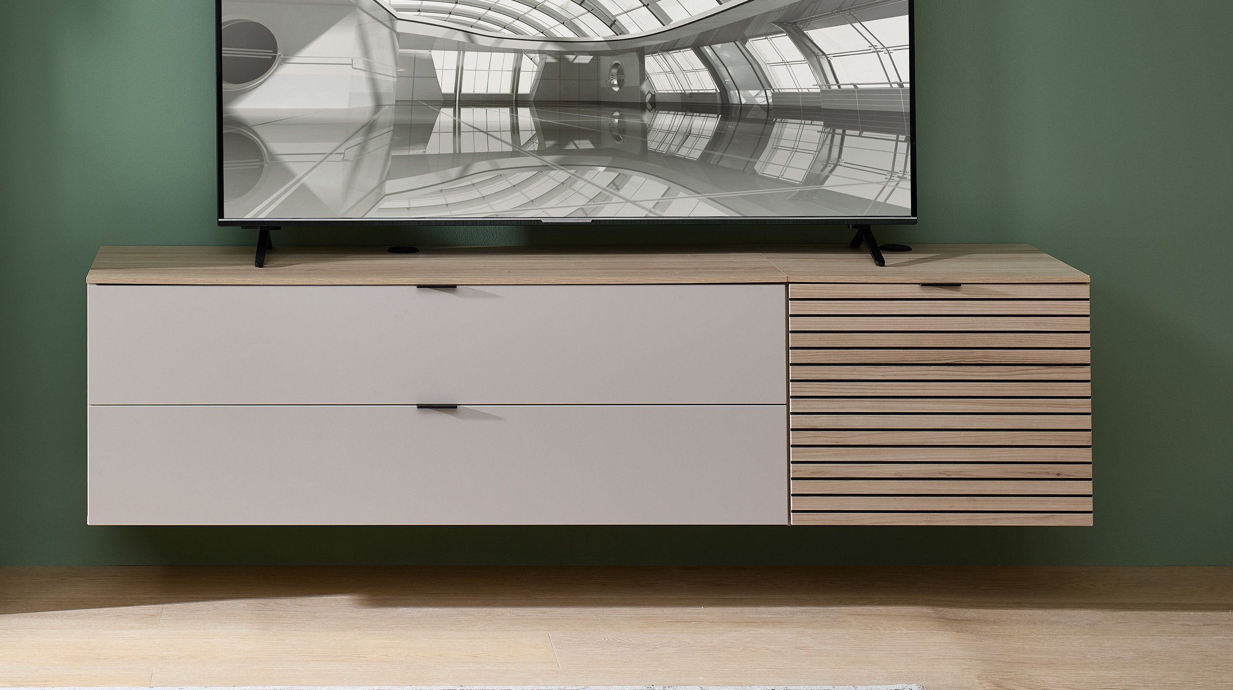 Wohnwand beige - Riva Eiche 320 cm LED-Beleuchtung - INA