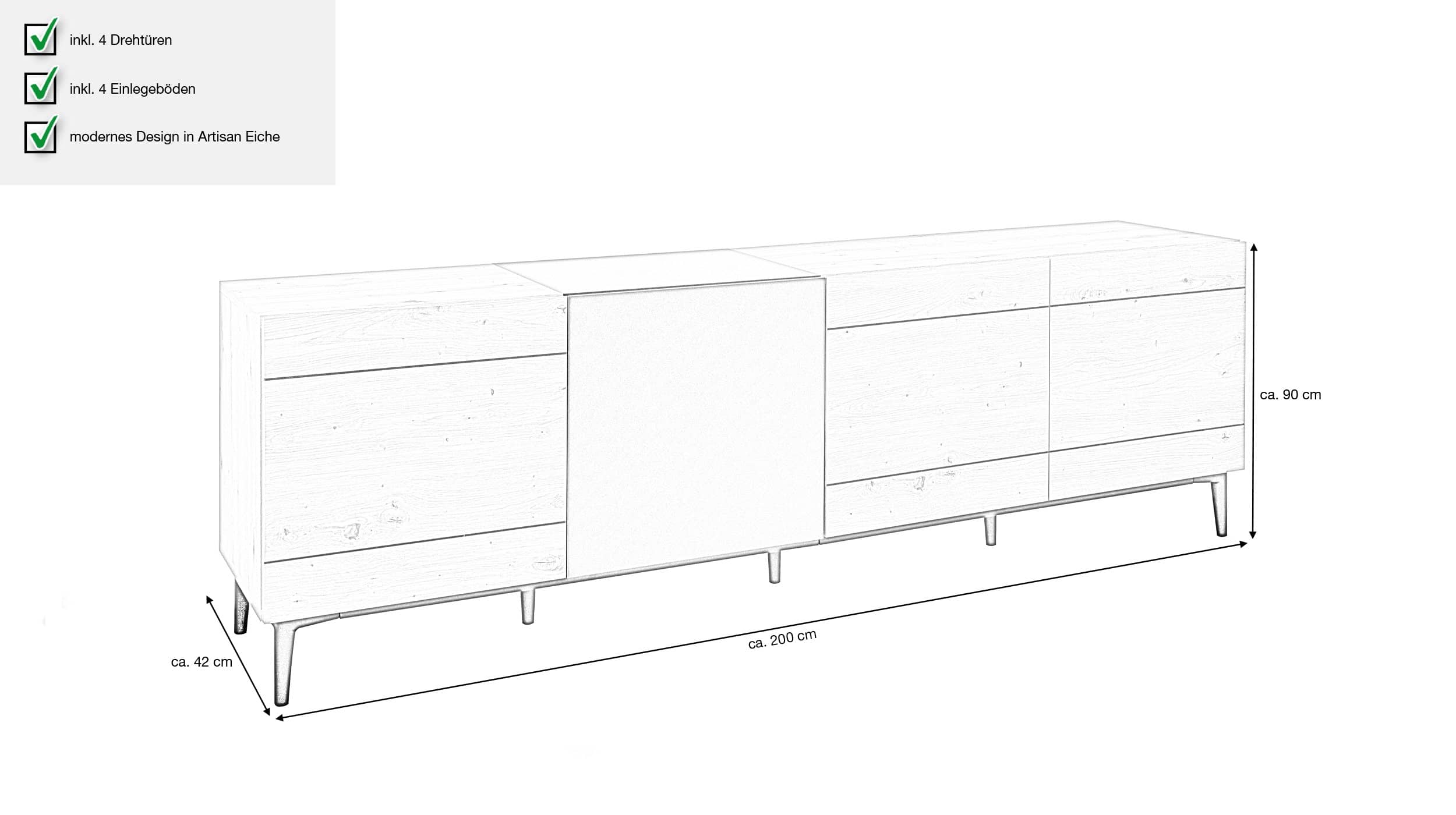 TV - Lowboard Artisan Eiche - schwarz 200 cm 4-türig - NOLA