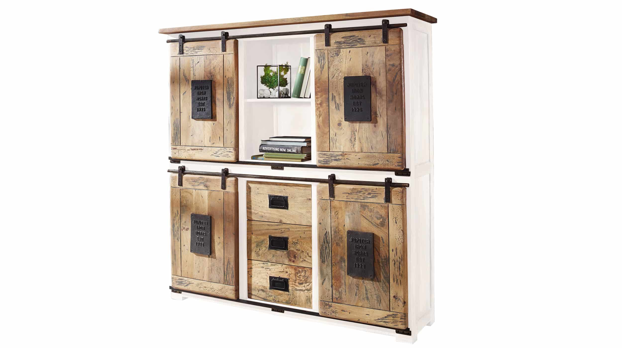 Highboard mit 4 Rolltüren Massivholz weiß Mango 150 cm - EMANUEL Highboard 4 Türen Mango massiv - weiß 150 cm - EMANUEL