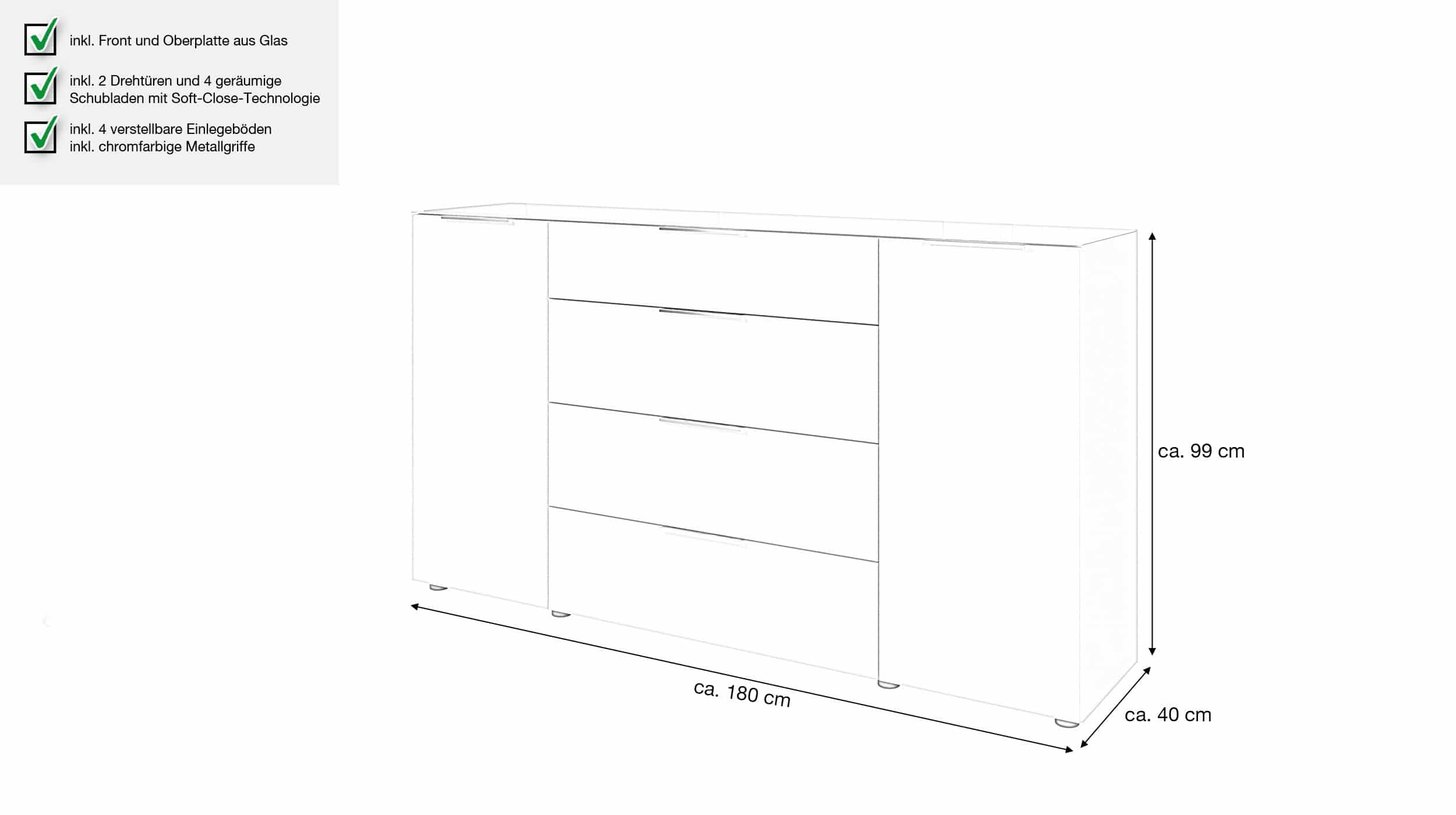 Sideboard 4 Schubladen - grau - Glasfront - 180 cm - SANTORIN
