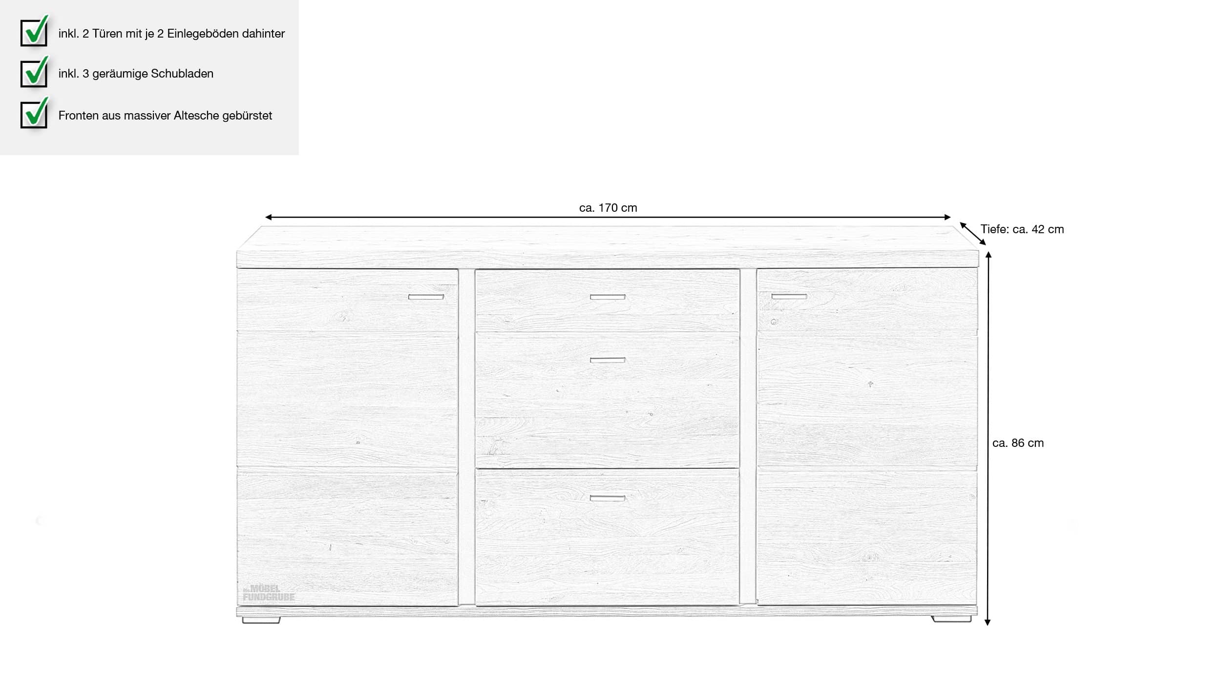Sideboard Altesche teilmassiv gebürstet 170 cm - SONOS