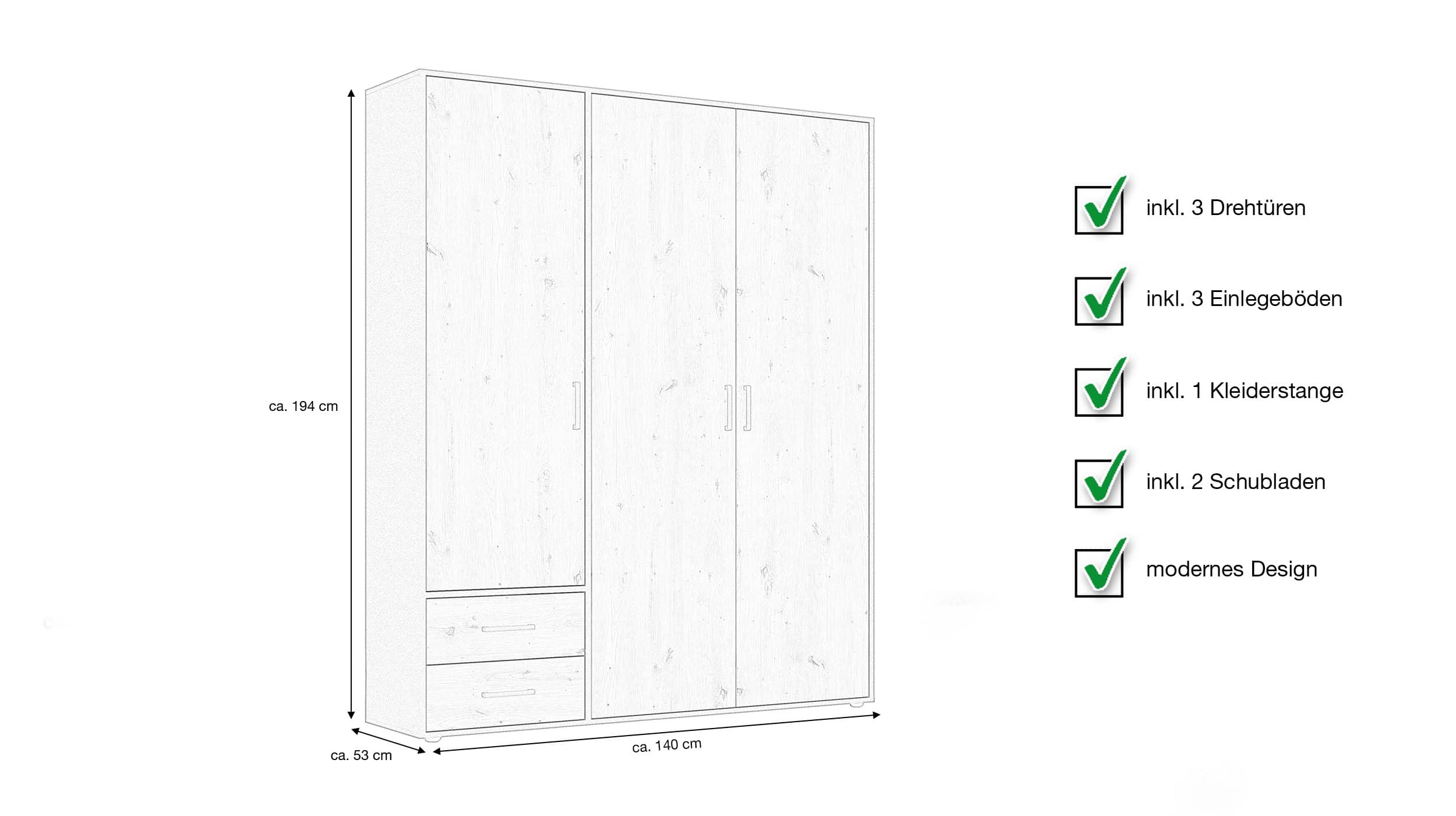 Kleiderschrank 140 cm Artisan Eiche - grau - VOYAGER