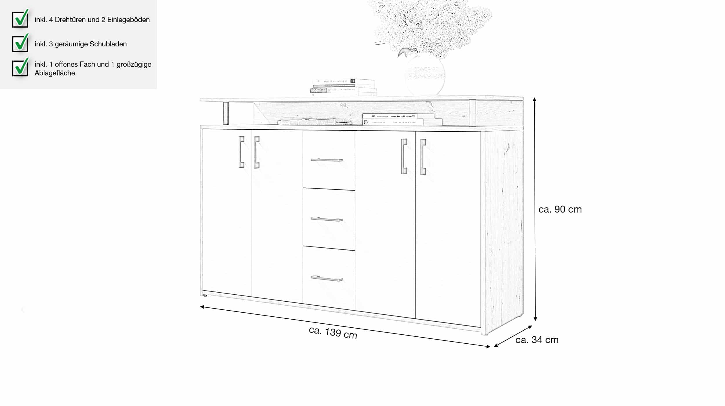 Highboard 4 Türen 3 Schubladen Artisan Eiche beige 139 cm - DRIFT
