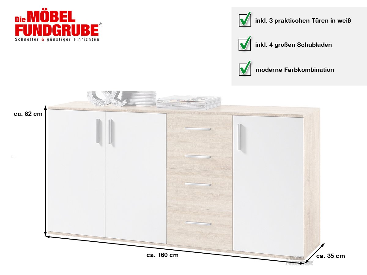 Kommode Sonoma Eiche - weiß 160 cm - BOBBY