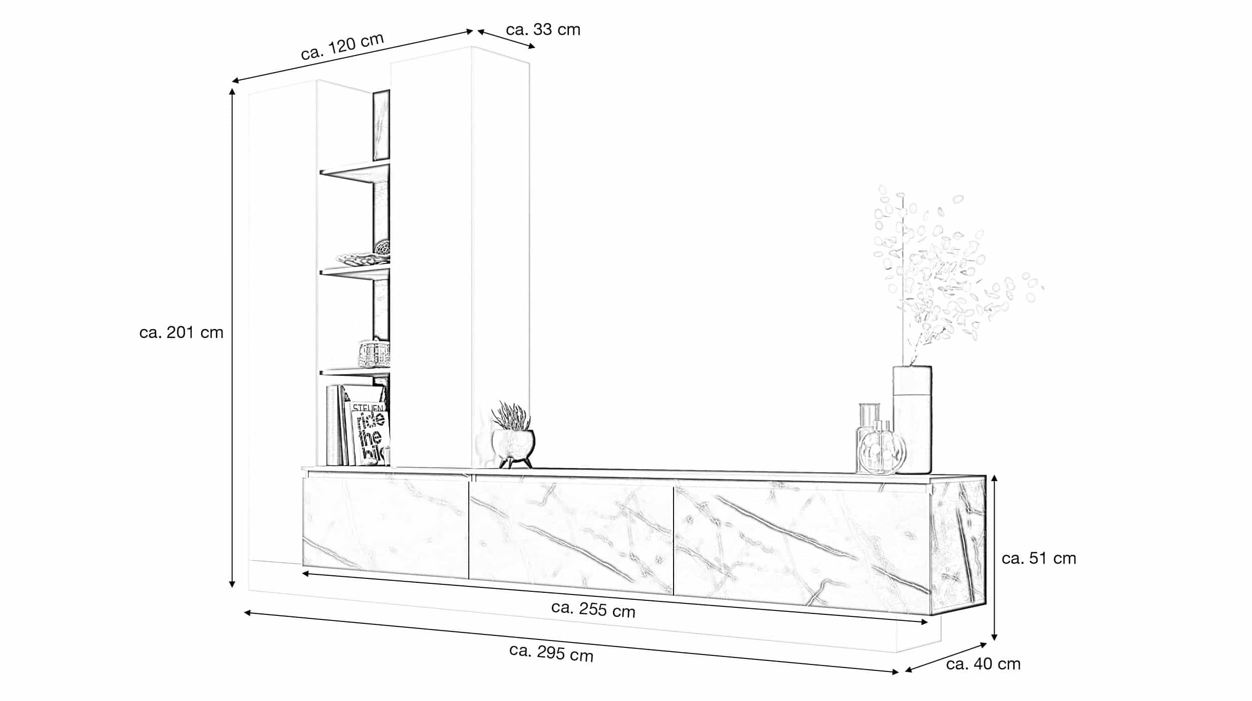 Wohnwand alpinweiß - Marmoroptik 295 cm Anbauwand - MODATO