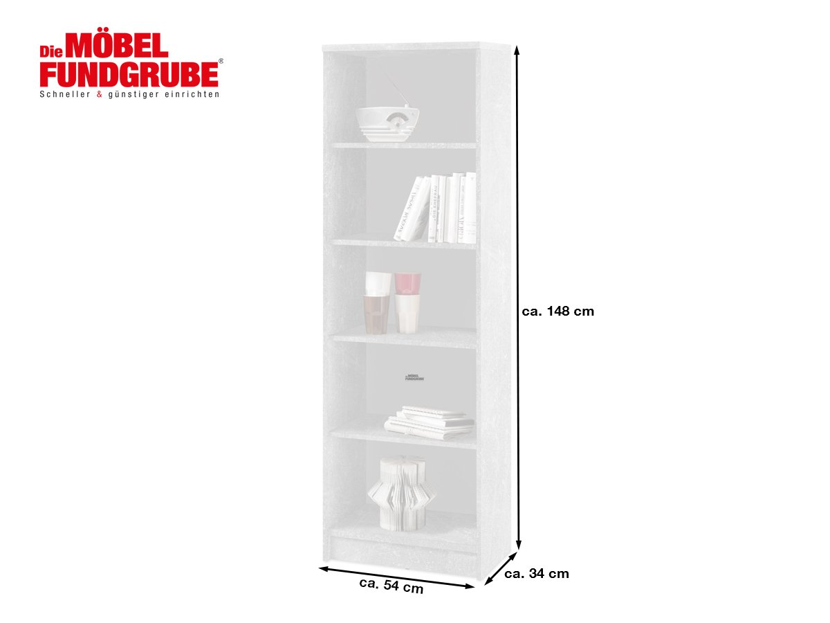 Bücherregal Standregal Betonoptik - weiß 54 x 148 cm - 4 Einlegeböden - OPTIMUS
