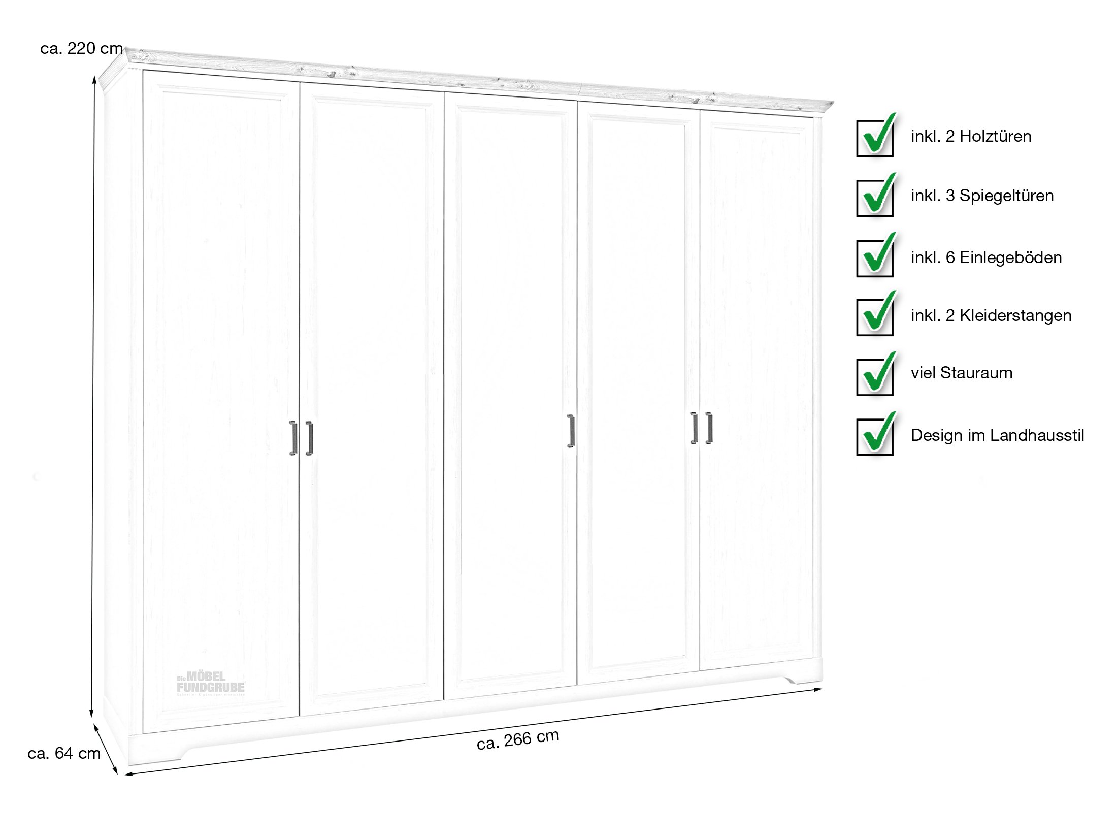Kleiderschrank Pinie weiß - Artisan Eiche 266 cm - JASMIN