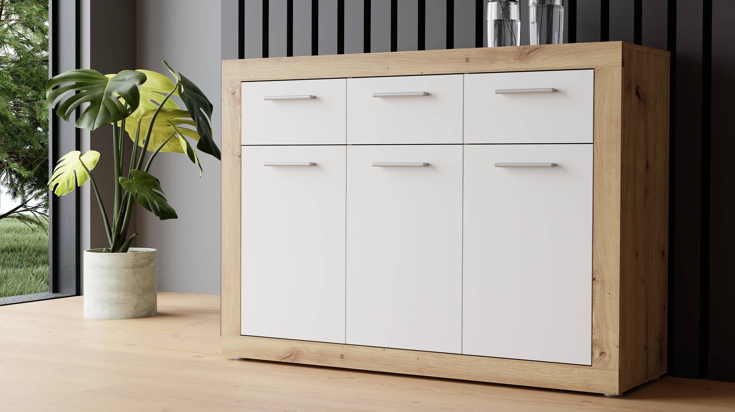 Kommode Artisan Eiche - weiß 118 x 92 cm 3-türig - BACCIO