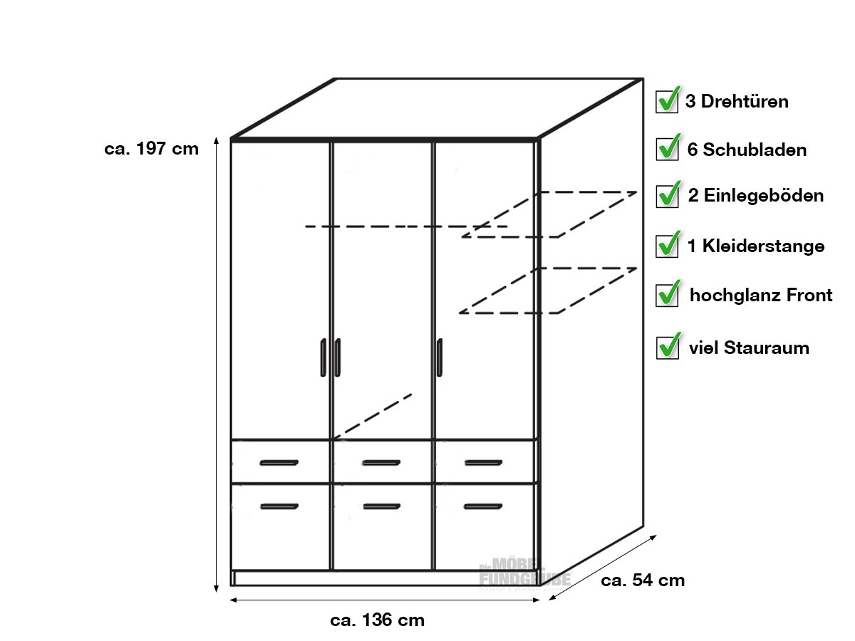 Kleiderschrank weiß hochglanz 136 cm 3-türig - CELLE