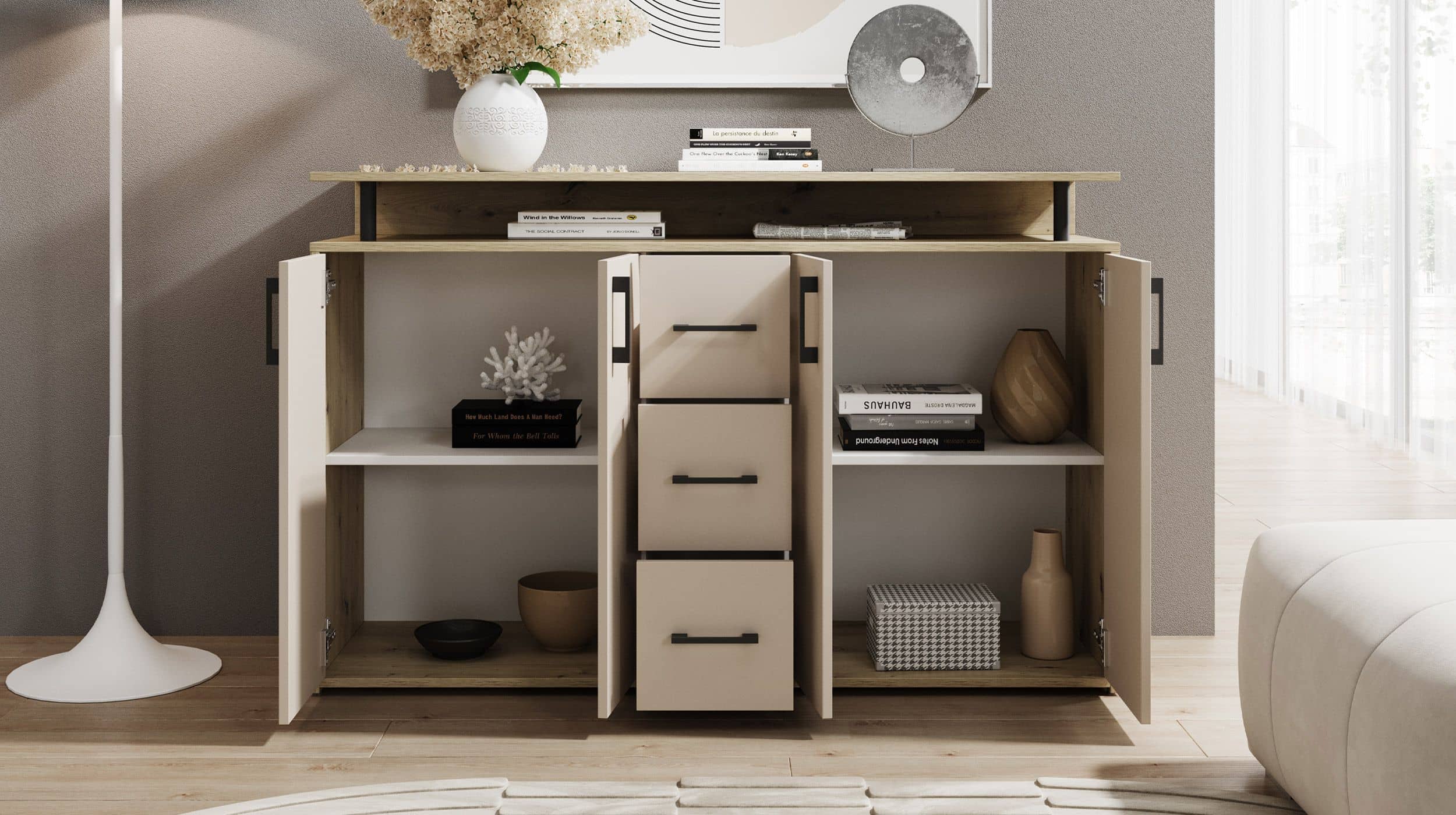 Highboard 4 Türen 3 Schubladen Artisan Eiche beige 139 cm - DRIFT