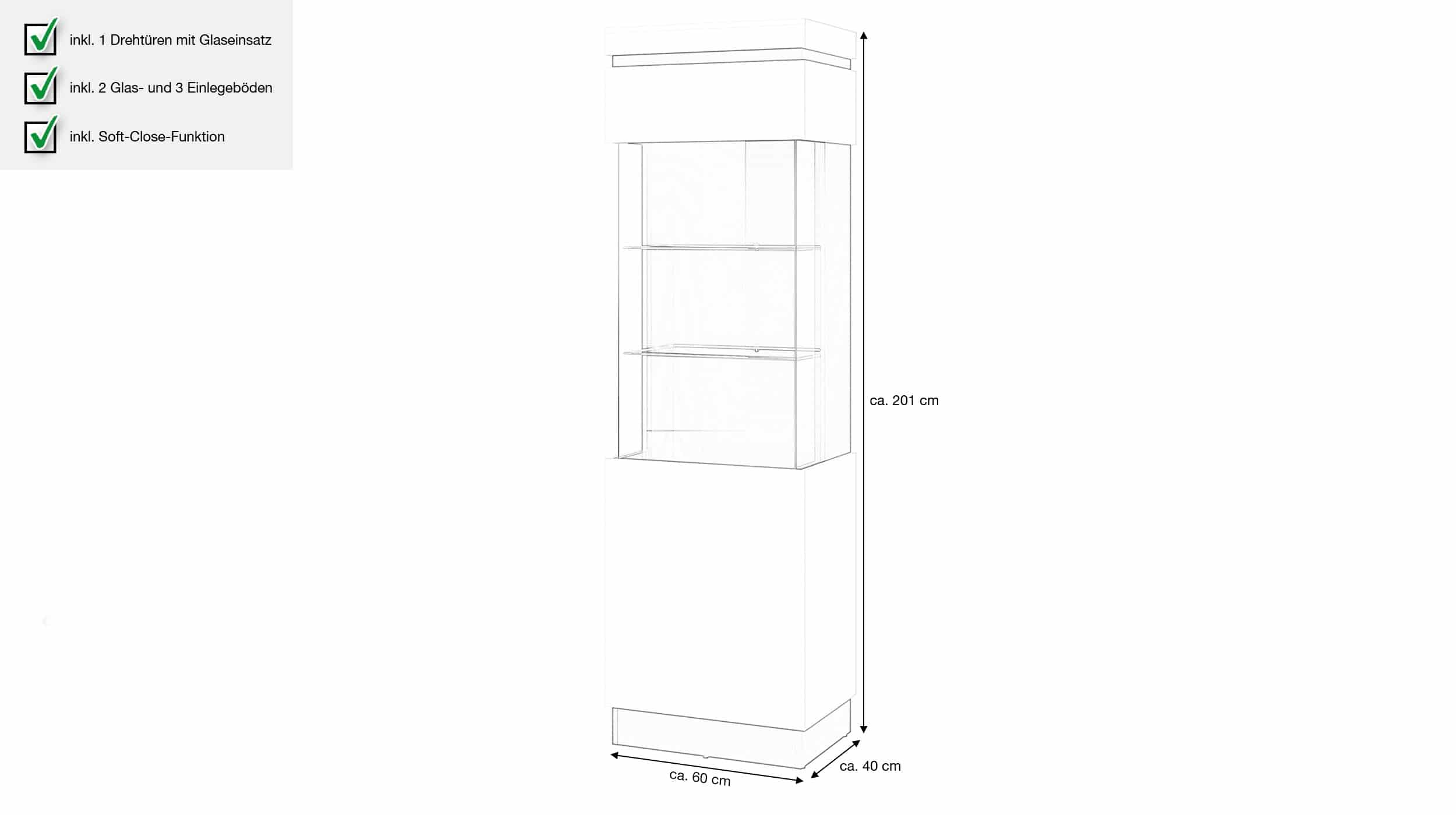 Vitrine mit Glaseinsatz - alpinweiß anthrazit - 201 cm - CAMPANIA