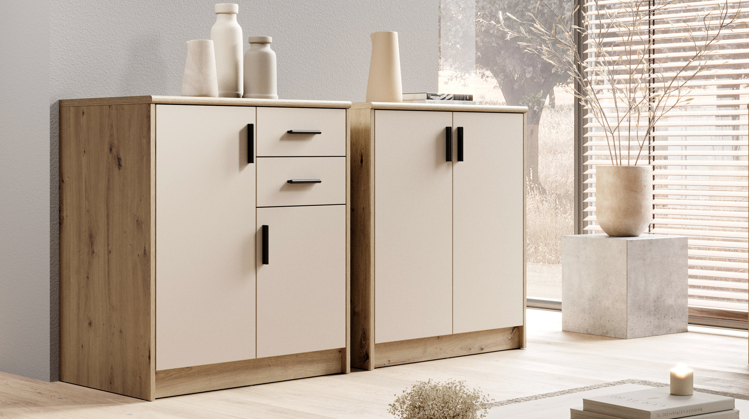 Kommode beige - Artisan Eiche 74 x 50 cm - 2-türig - NELLY