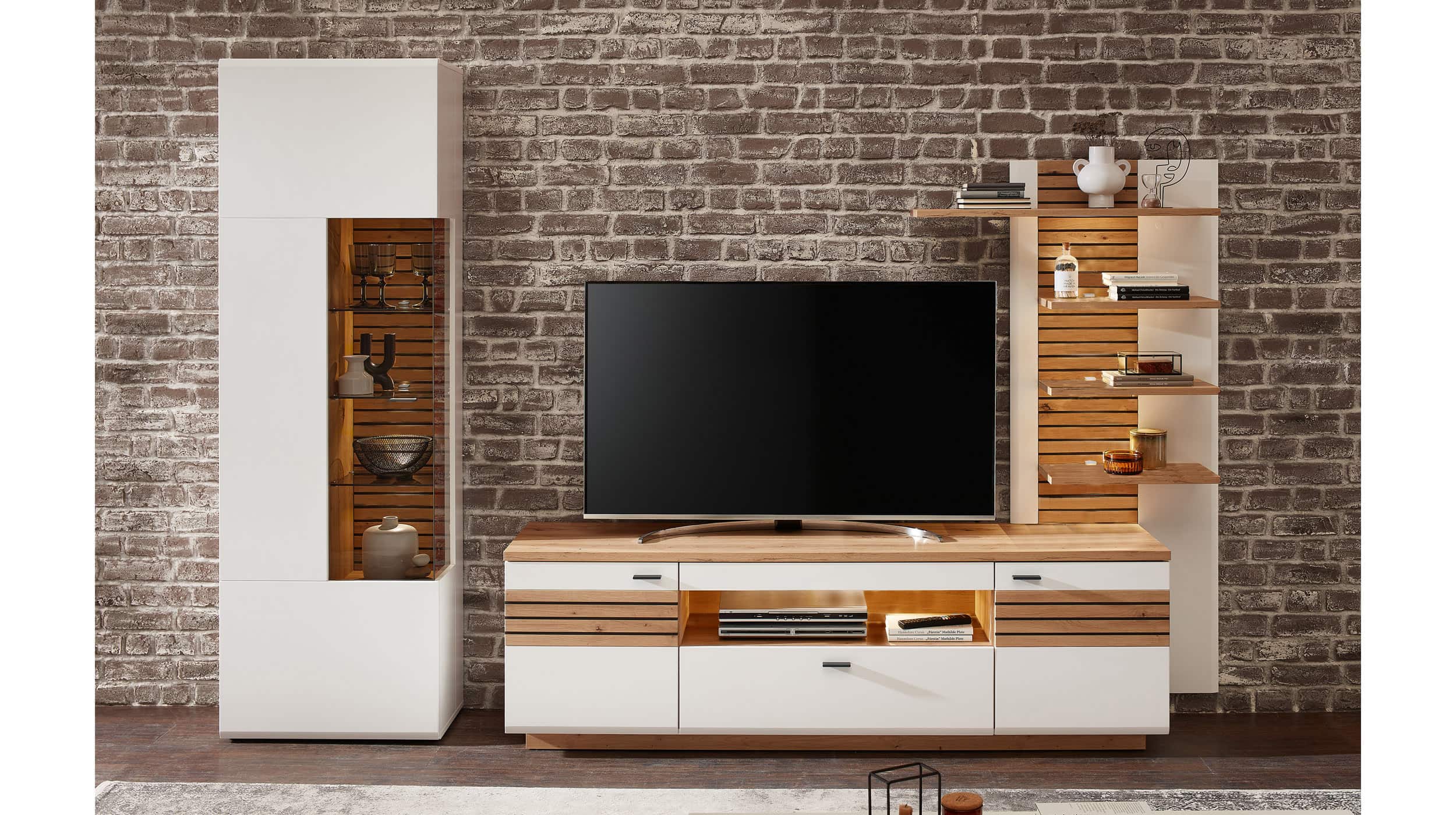 Wohnwand weiß - Artisan Eiche 296 cm 3-teilig - FRESNO