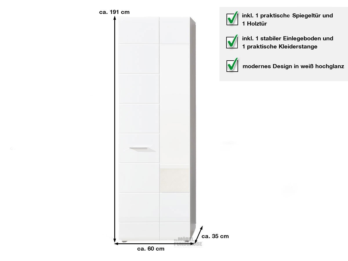 Garderobenschrank weiß hochglanz - Rauchsilber 191 cm - LINE