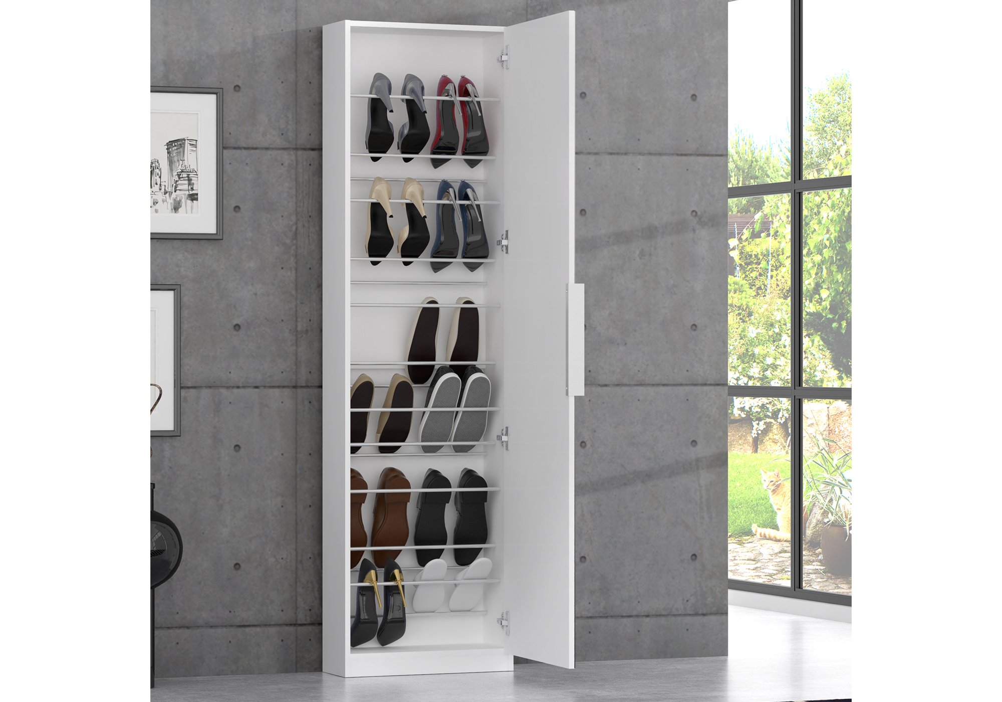 Schuhschrank weiß 180 cm - mit Spiegeltür - CALMA