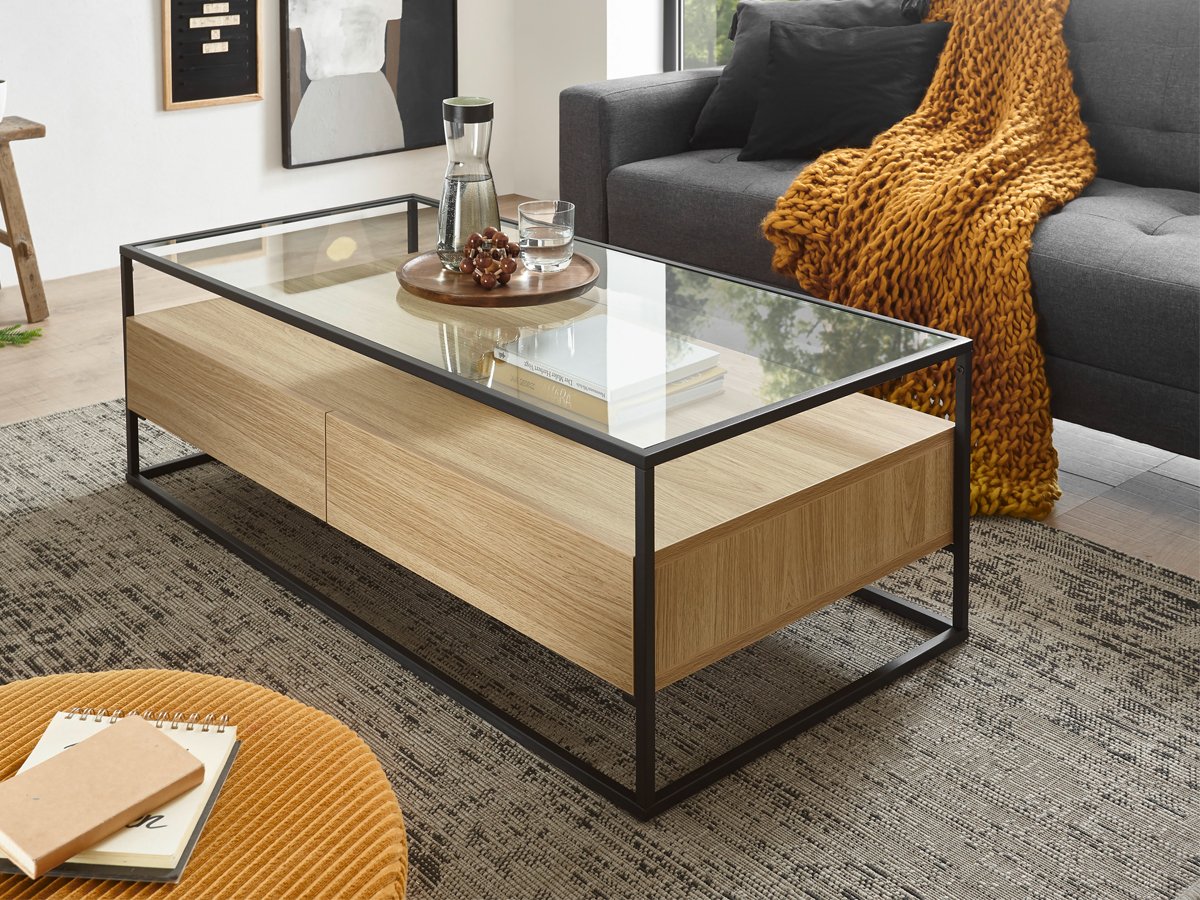 Couchtisch Eiche Glasplatte Gestell schwarz - 120 cm - EVORA