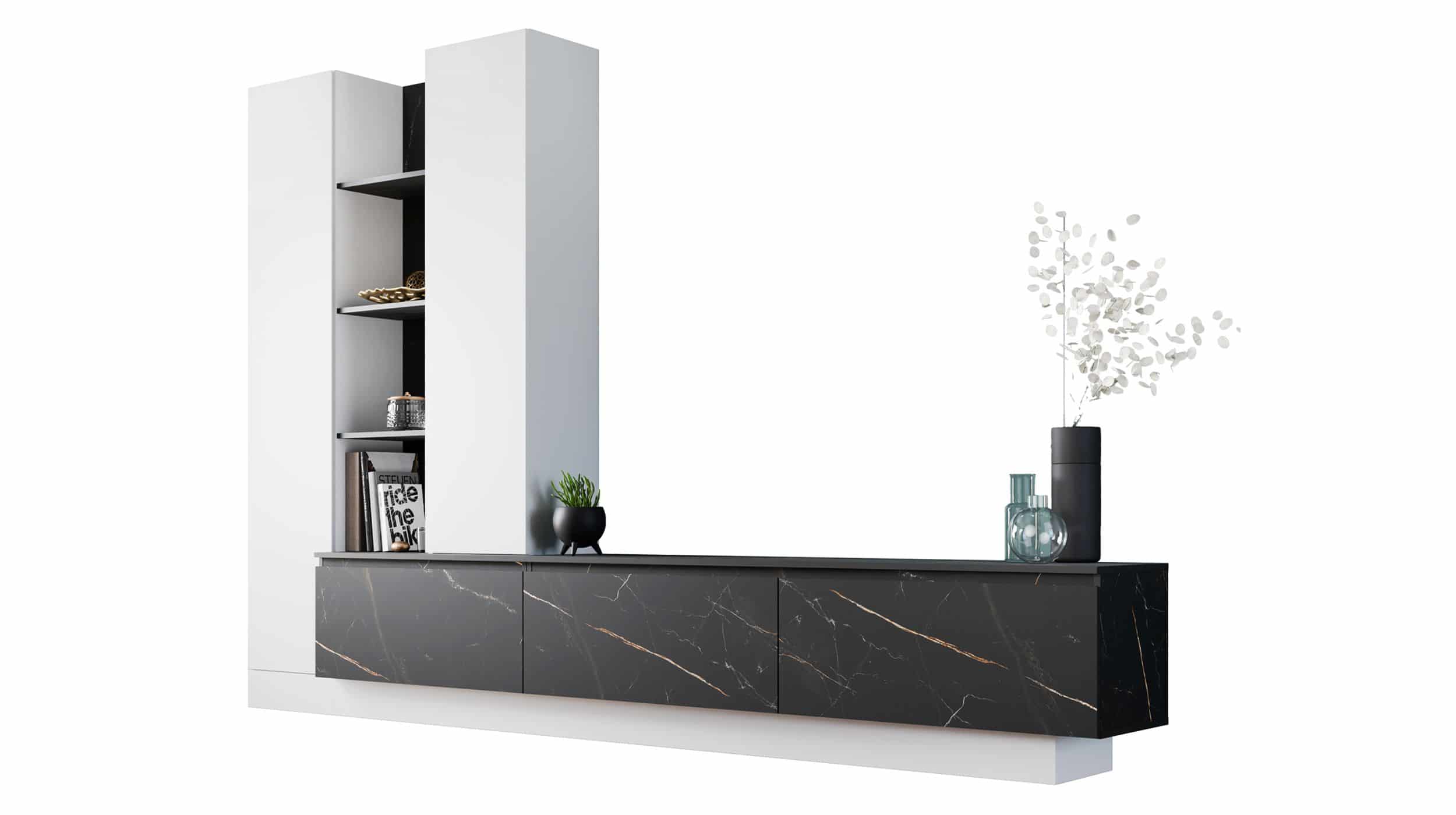 Wohnwand weiß - Marmoroptik 295 cm Anbauwand - MODATO Wohnwand alpinweiß - Marmoroptik 295 cm Anbauwand - MODATO